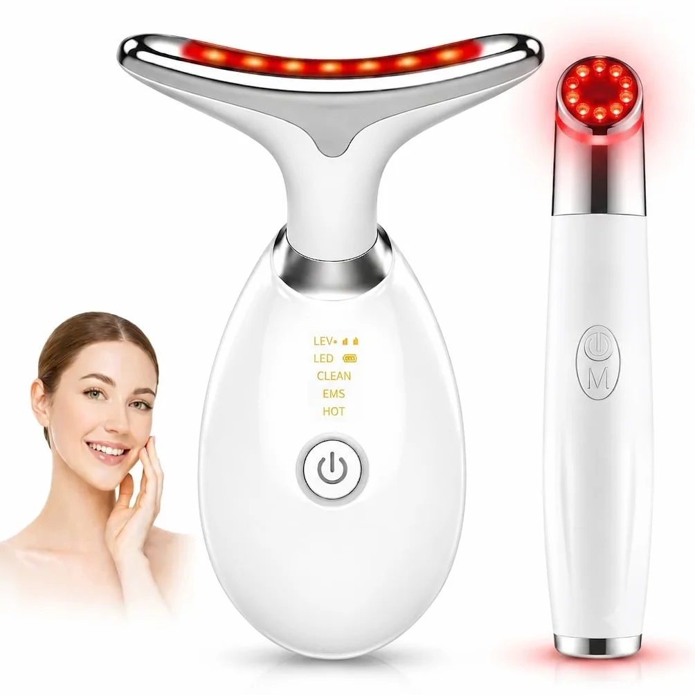 Appareil Anti Rides Visage & Cou EMS 7 LED + Masseur Oculaire Inclus – Lifting Visage, Double Menton, Poches & Cernes – 3 Modes EMS et Chaleur 45°C