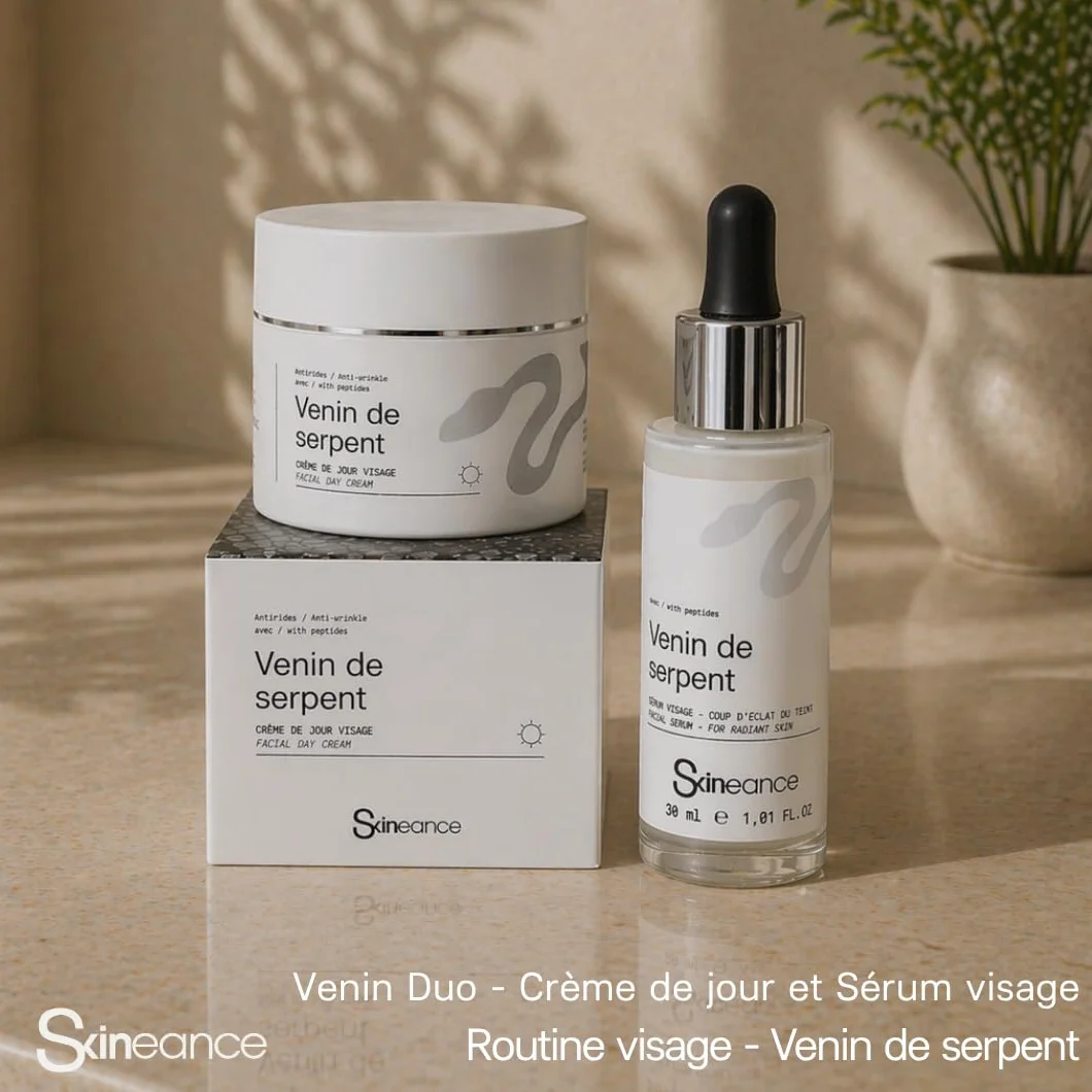 Skineance - Duo Venin de Serpent | Creme Jour 50 ml + Serum 30 ml | Peptide Syn-Ake | Hydratation Quotidienne et Teint Éclatant | Routine Beauté | Formules Contrôlées