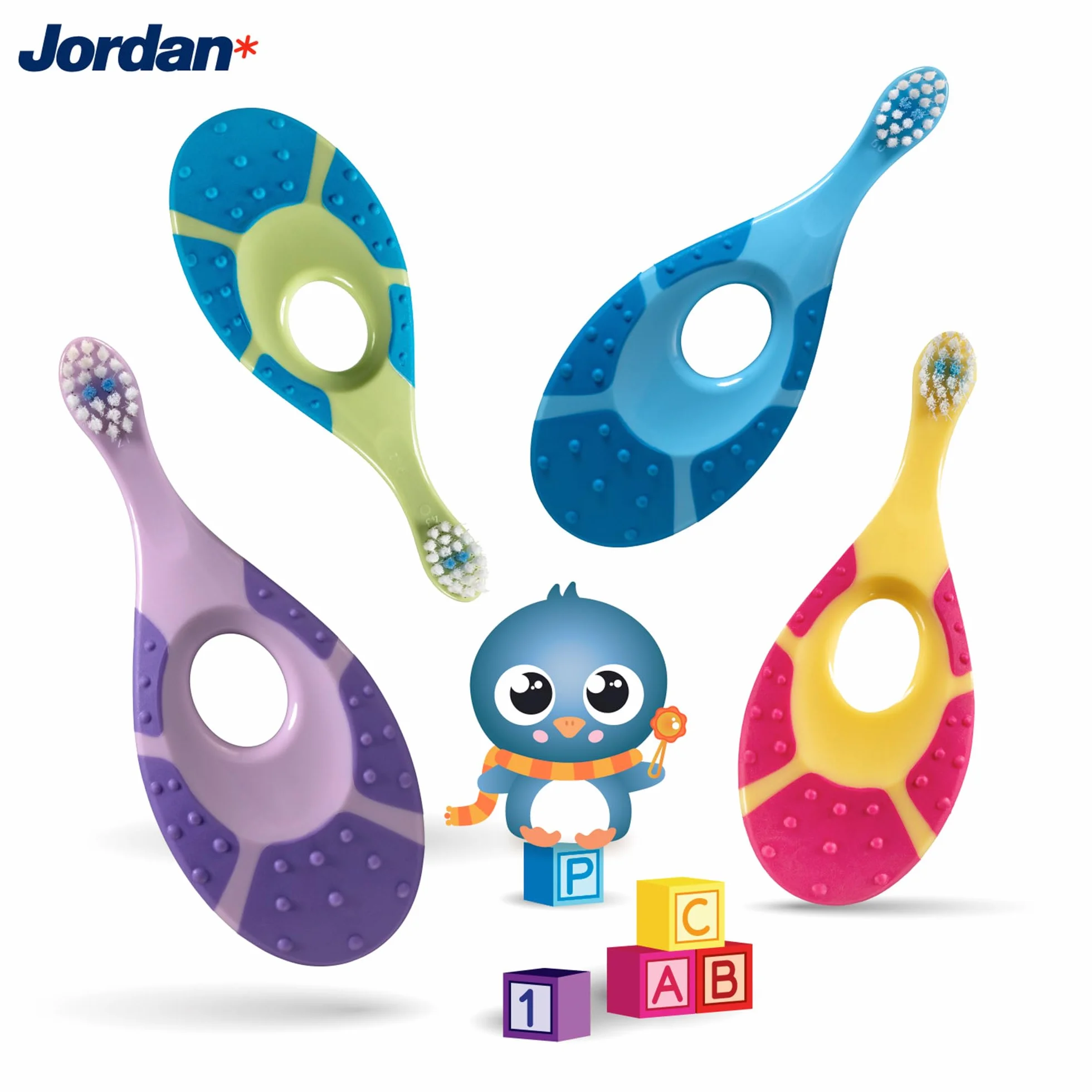 Jordan Brosse à dents bébés 0-2 ans poils extra doux anneau morsure gencives Bleu Vert 4 unités