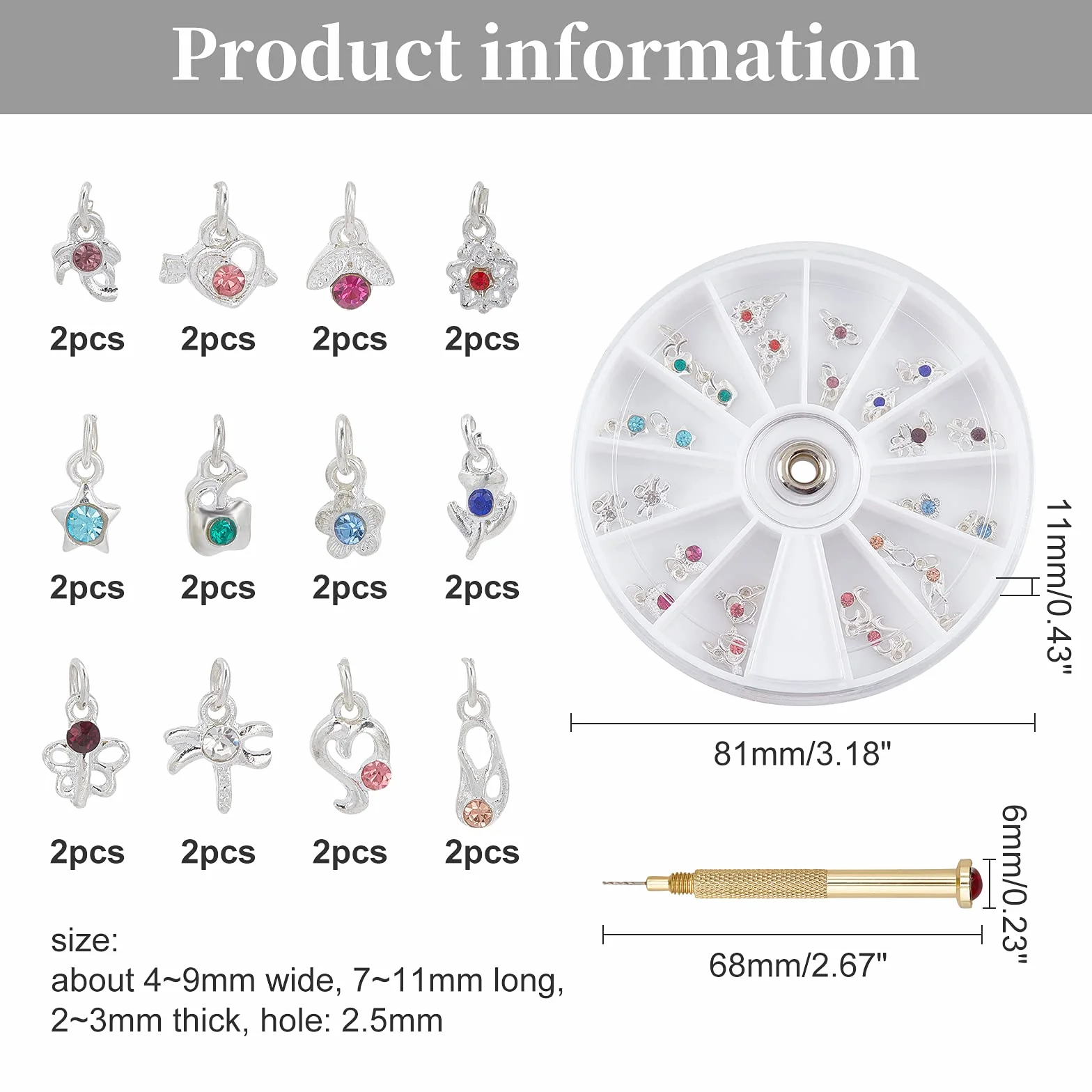OLYCRAFT 24Pcs Dangle Nail Art Accessoires Anneaux de Bijoux pour Ongles avec Perceuse Manuelle Alliage