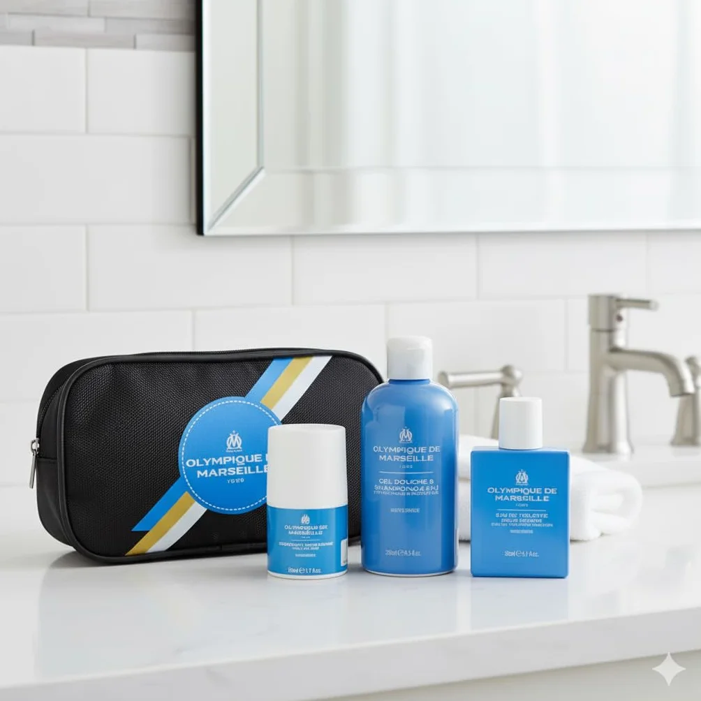 OLYMPIQUE DE MARSEILLE Coffret Cadeau OM Homme, Trousse de Toilette avec Gel Douche 250ml, Déodorant 50ml, Eau de Toilette 50ml