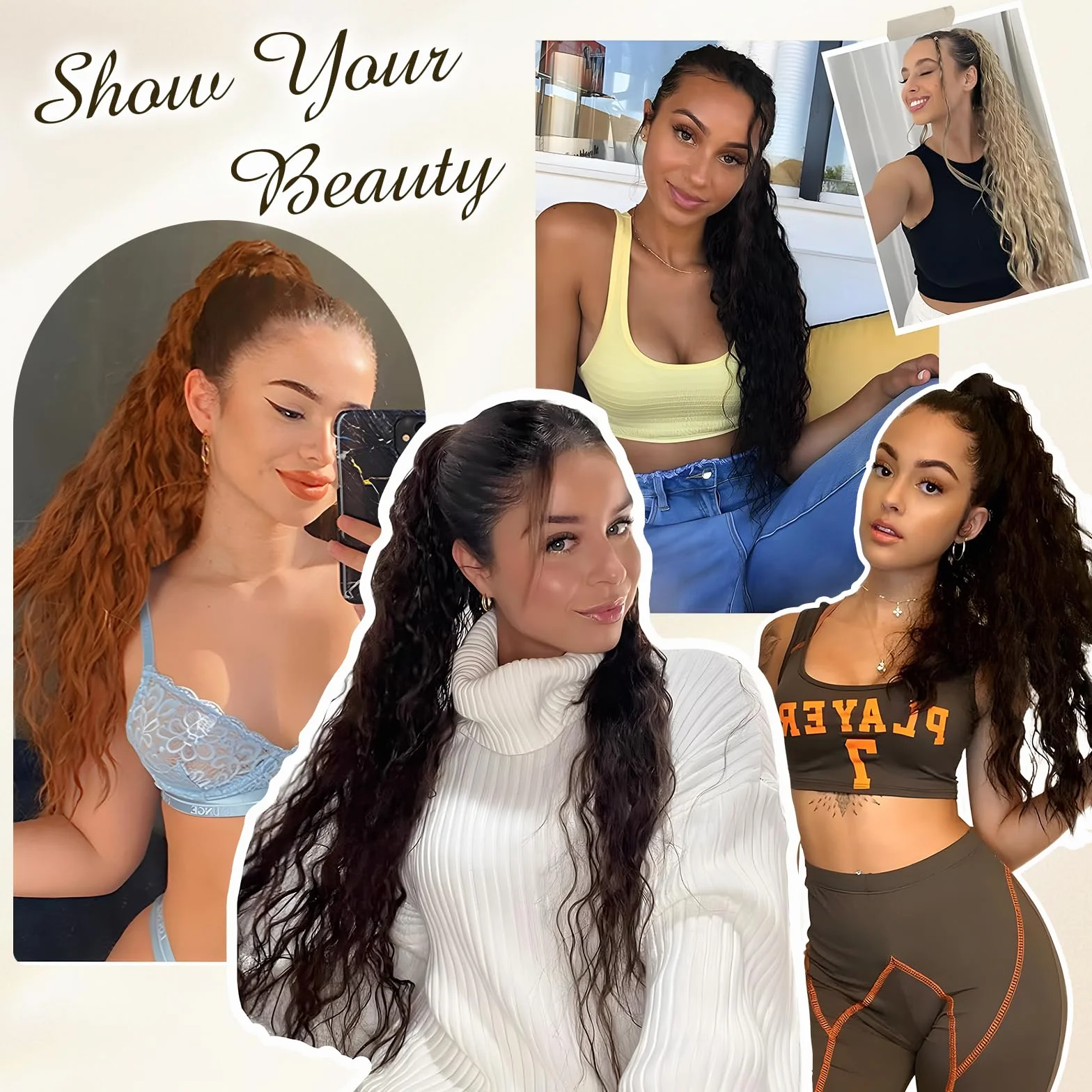 FESHFEN Ponytail Cheveux Naturel Pince Ponytails Extensions Longue Bouclée Ondulée Postiche Queue de Cheval Extension Blond Miel Mélangé Brun Clair Synthétique Rajout Cheveux pour Femmes 75 cm