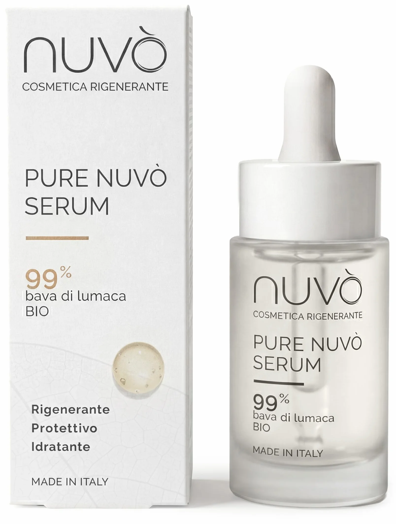Nuvò – Sérum Visage à la Bave d'Escargot Pure 99%, 30 ml, Apporte Apaisement, Douceur et Hydratation à la Peau, Sérum Hydratant Concentré, Régénérant, pour Homme et Femme, Made in Italy