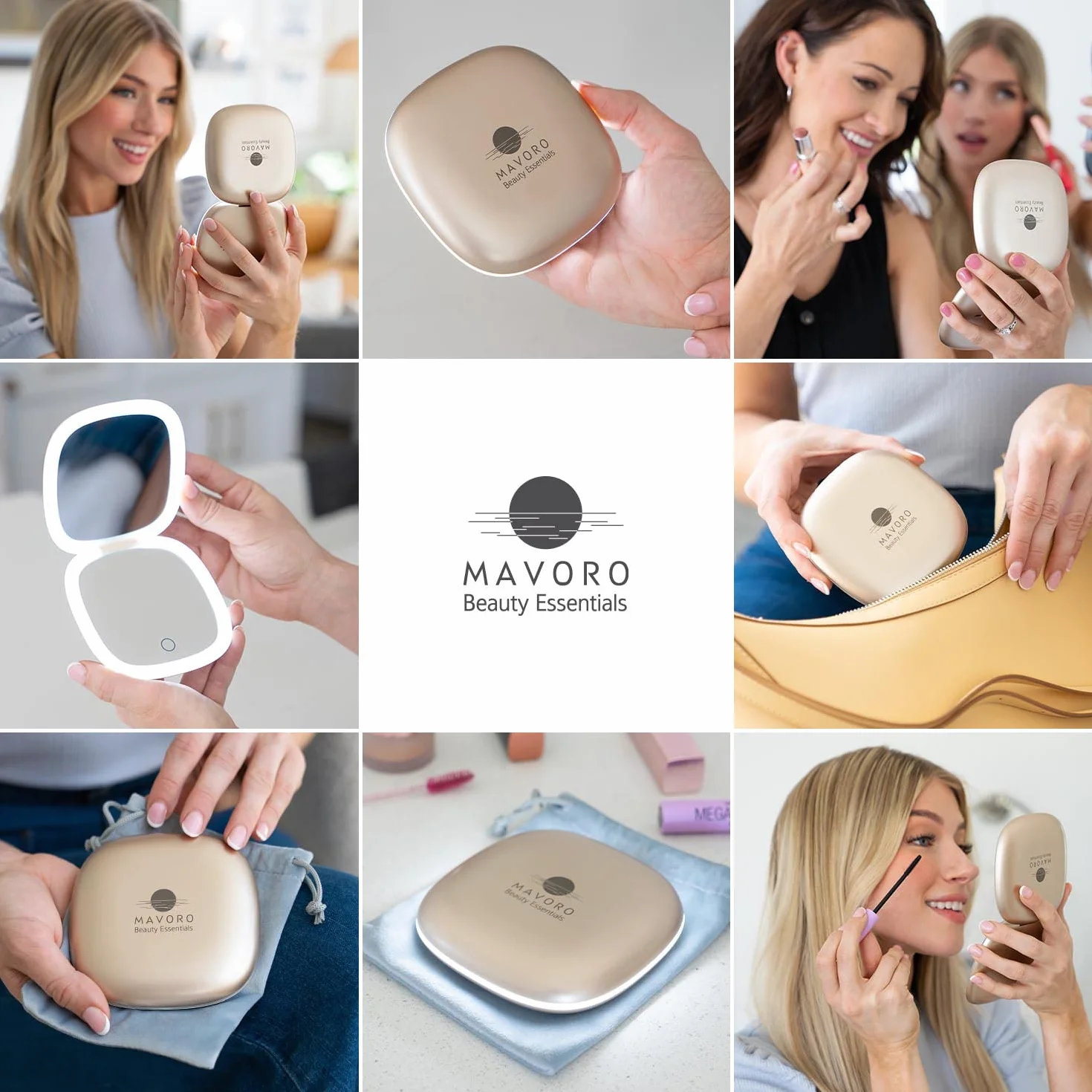 Miroir de Maquillage de Voyage Éclairé LED Rechargeable 1X/10X Lumière Diurne Capteur Tactile USB Or Champagne
