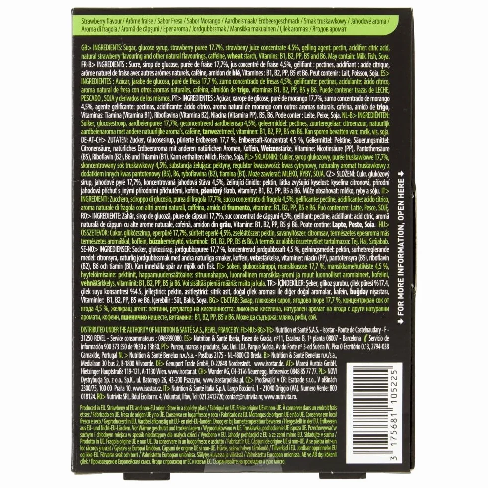 ISOSTAR Energy Fruit Boost Pâtes de Fruits Sport Saveur Fraise Réduction Fatigue Caféine Arôme Naturel Sans Colorant Sans Conservateur 1 Boîte 10 Carrés 10 x 10 g
