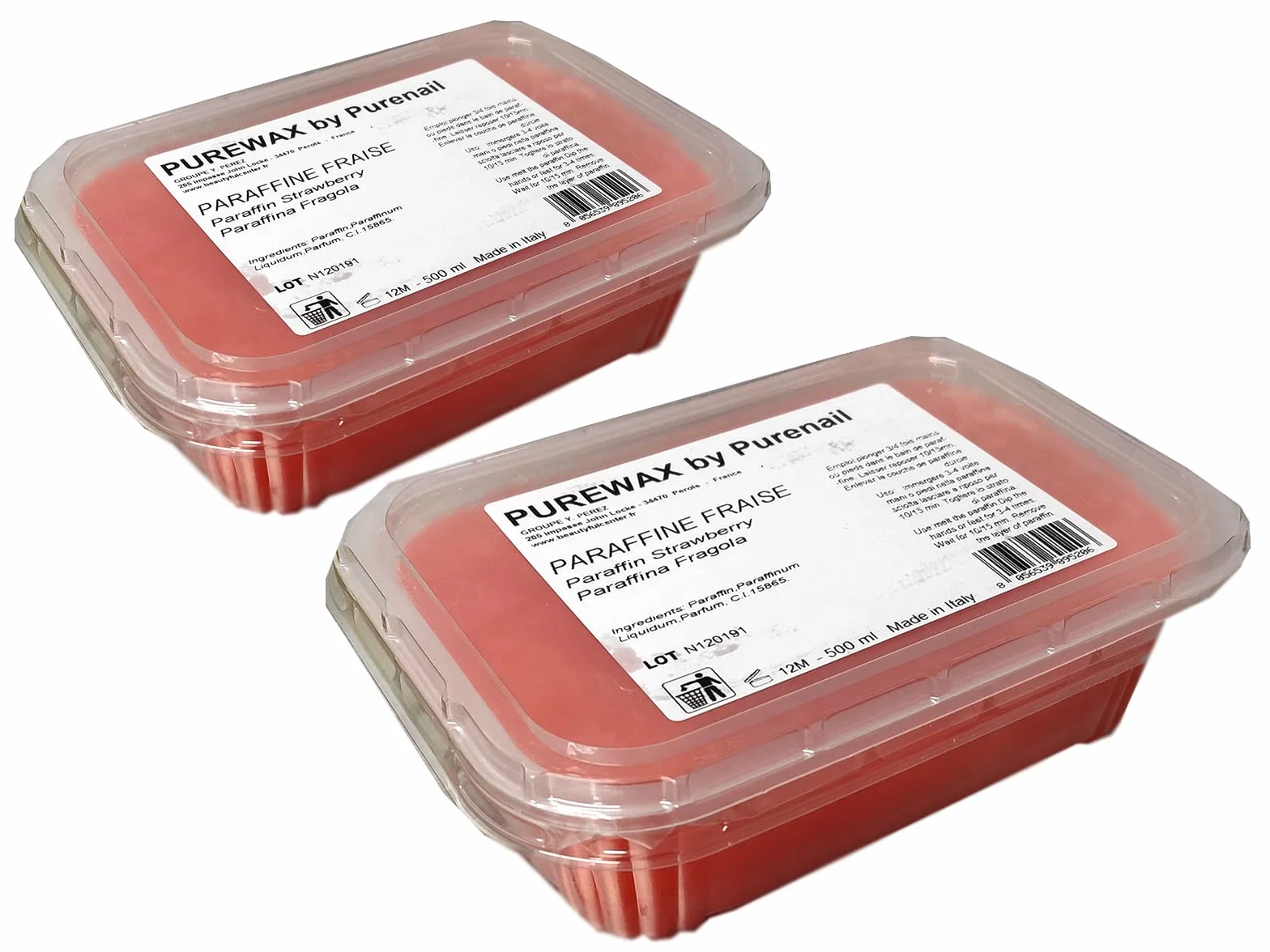 2 pains de 500 ml de paraffine FRAISE PUREWAX By Purenail pour le soin des mains chauffe paraffine, livraison Gratuite