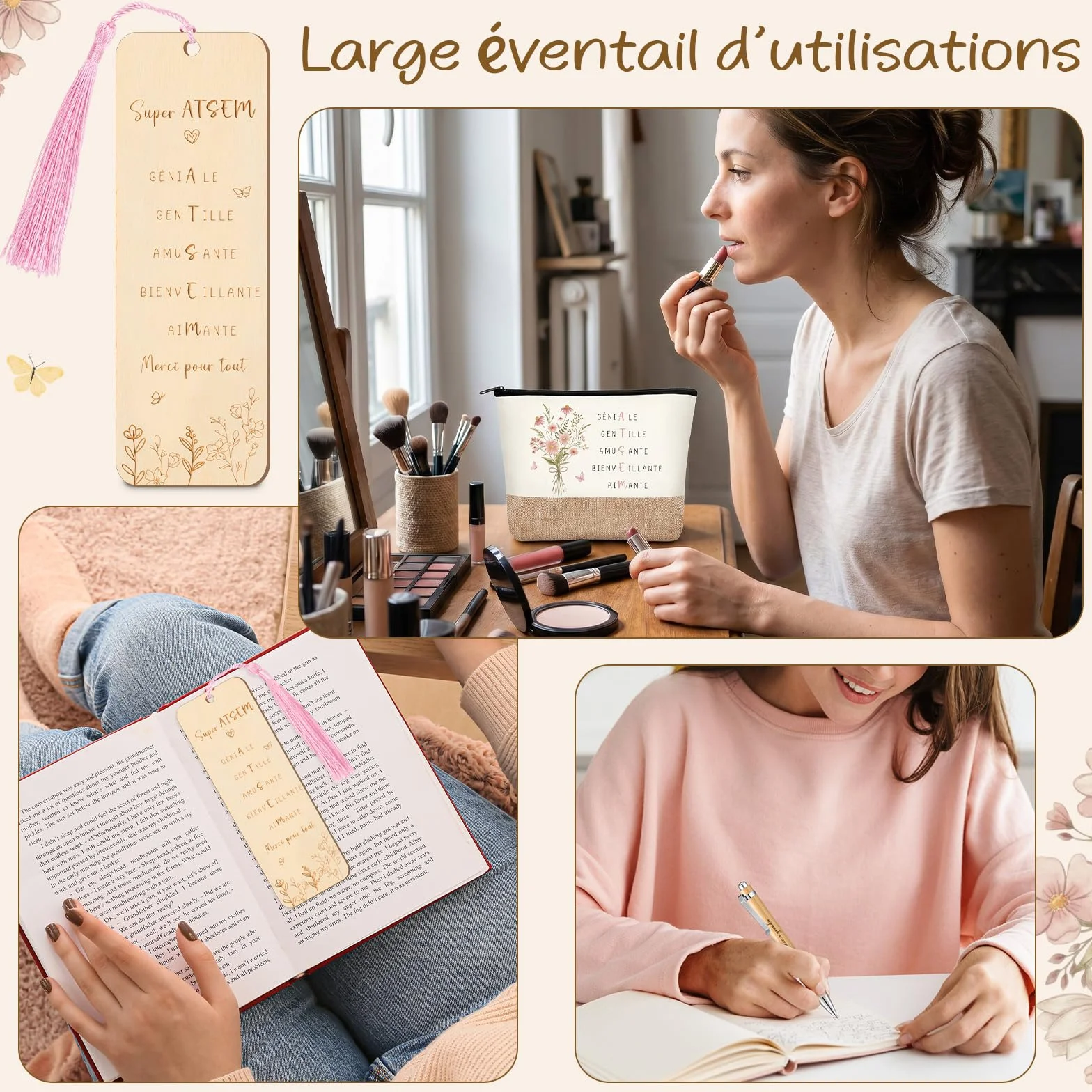 Photect Trousse à Maquillage Marque Page Maitresse en Bois avec Pompons Stylo à Bille Cadeau pour Atsem Noël