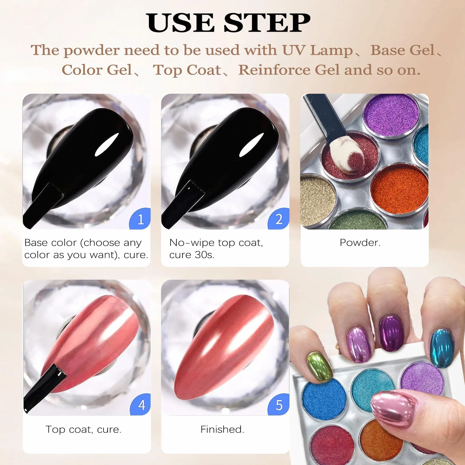 Poudre Chrome Ongle 9 Couleurs, Rouge Bleu Or Vert Mirror Metallic Pigment Glitzerpuder Nail Art avec Baguettes Éponge
