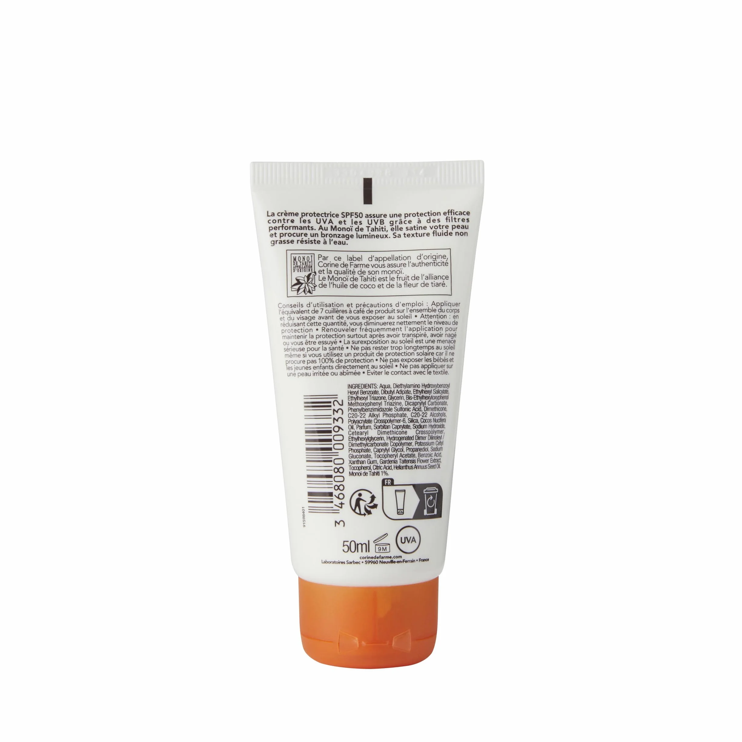 Corine de Farme Crème Protectrice Visage & Corps SPF50 Haute Protection UVA UVB Monoï de Tahiti Résiste à l'Eau 50ml