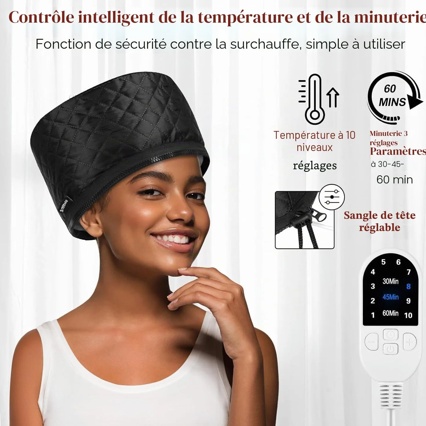 TEPENAR Bonnet vapeur professionnel avec 10 niveaux de chauffage et 3 minuteries - Capuchon chauffant électrique pour soins intensifs des cheveux naturels et afro - Hotte chaude portable pour la