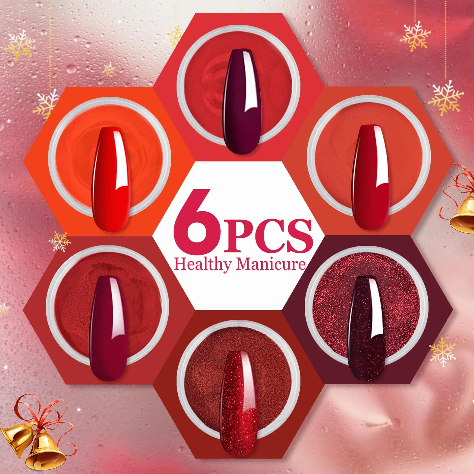 Honey Joy Lot de 6 boîtes Poudre de Trempage Rouge Vin Pailleté Rouge Grange Finition Uniforme Sans Lampe 10g