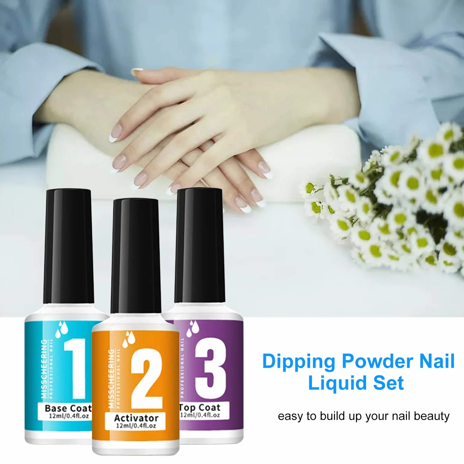 Poudre de trempage liquide pour ongles 3 en 1 avec couche de base, activateur de finition, pas besoin de lampe UV LED