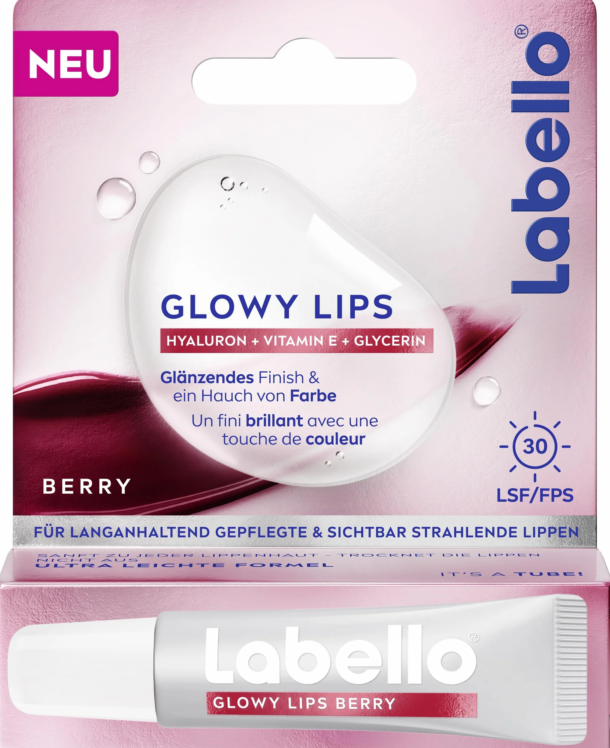 Labello Glowy Lips Berry soin des lèvres teinté SPF 30 acide hyaluronique vitamine E 10 ml