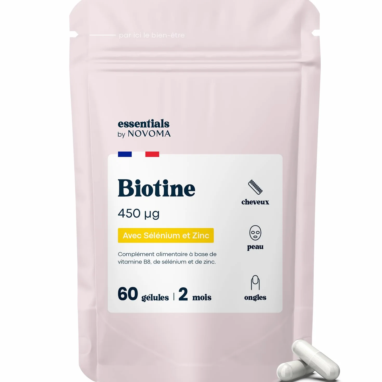 Biotine 450 µg avec Sélénium et Zinc - Cheveux, Ongles & Peau - 60 Gélules - Complément Alimentaire Vitamine B8 - Essentials by Novoma