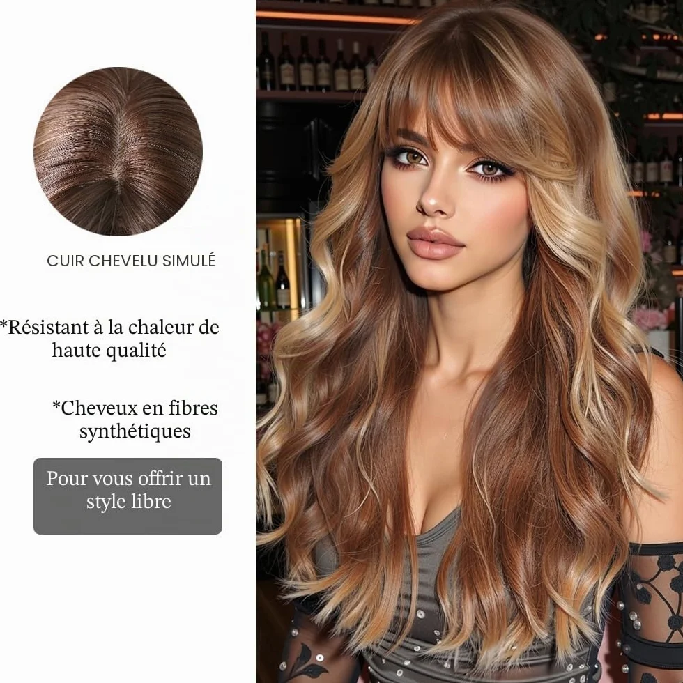 Perruques Longues Ondulées Ombre Ginger pour Femmes avec Franges Cheveux Synthétiques Naturels Perruques Résistantes à La Chaleur pour La Fête Quotidienne Cosplay Wear