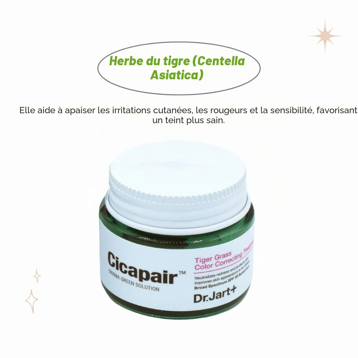 Dr.Jart+ Cicapair Tiger Grass Traitement correcteur de couleur SPF 30 Centella Asiatica Crème cc Soin coréen Taille voyage 1,5 ml