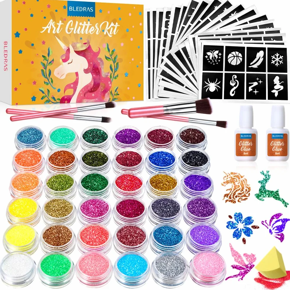 Bledras Kit Tatouage Paillettes- Enfant 36 Couleurs, 178 Pochoir, 4 Pinceaux - Tatouage Ephemere Imperméable, Cadeaux raffinés adaptés aux enfants de 3 à 12 ans