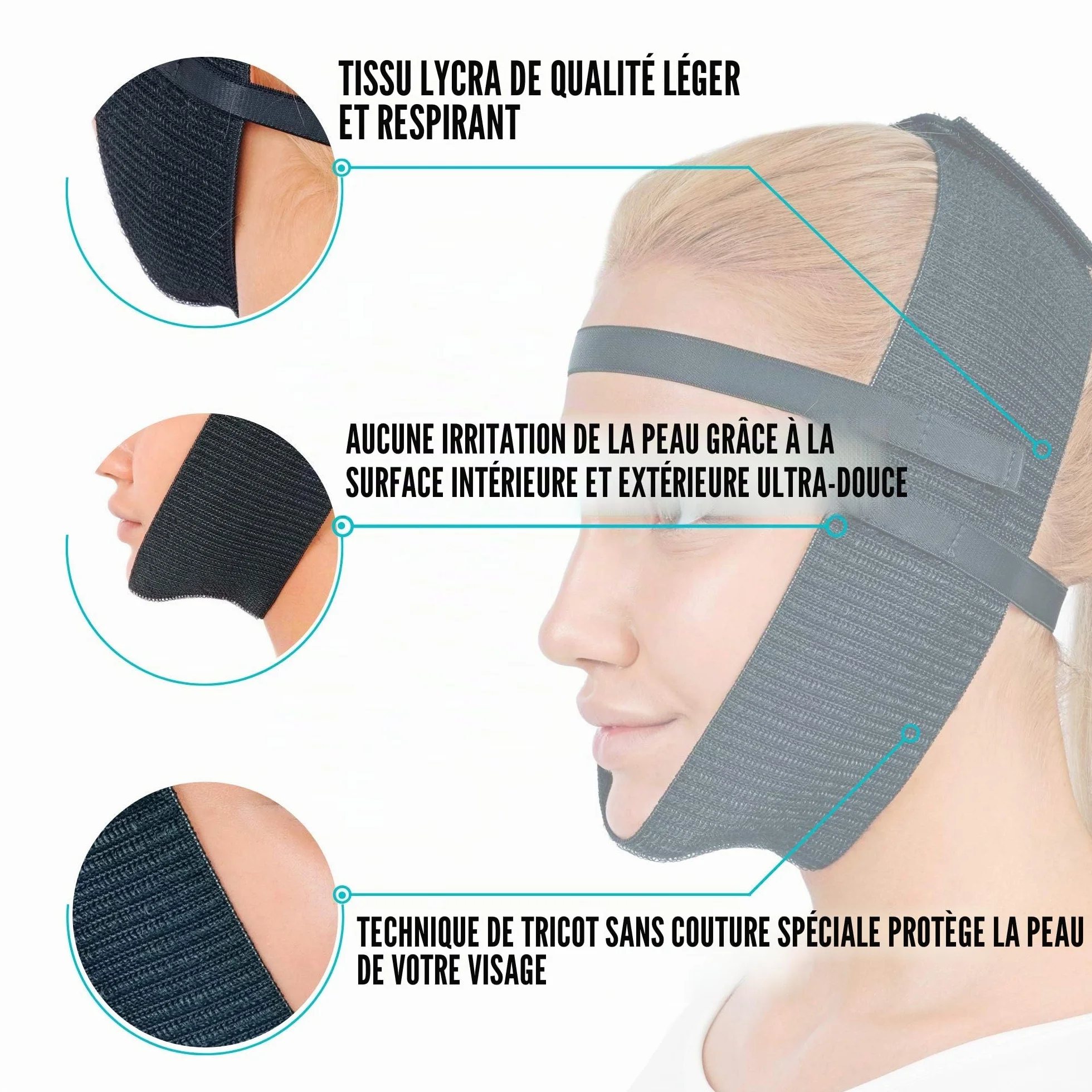 Vêtement de compression post-chirurgie, bande de menton, kit de levage du visage, amincissant le visage, raffermissement des bajoues (noir)