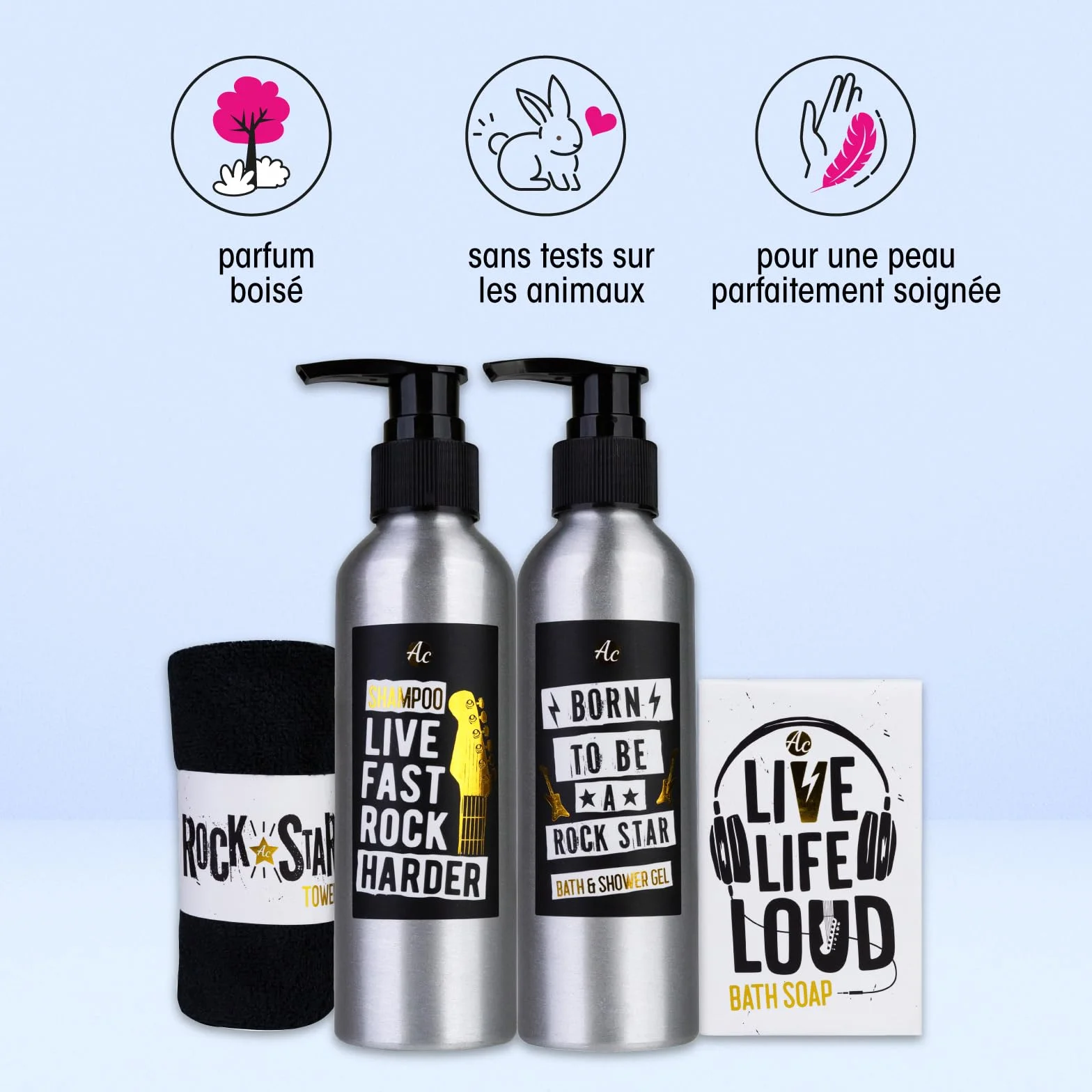Accentra coffret cadeau homme, set soin corps guitare métallique, gel douche, lotion corps, savon, serviette, parfum bois de santal, idée cadeau originale pour anniversaire, amateurs de musique