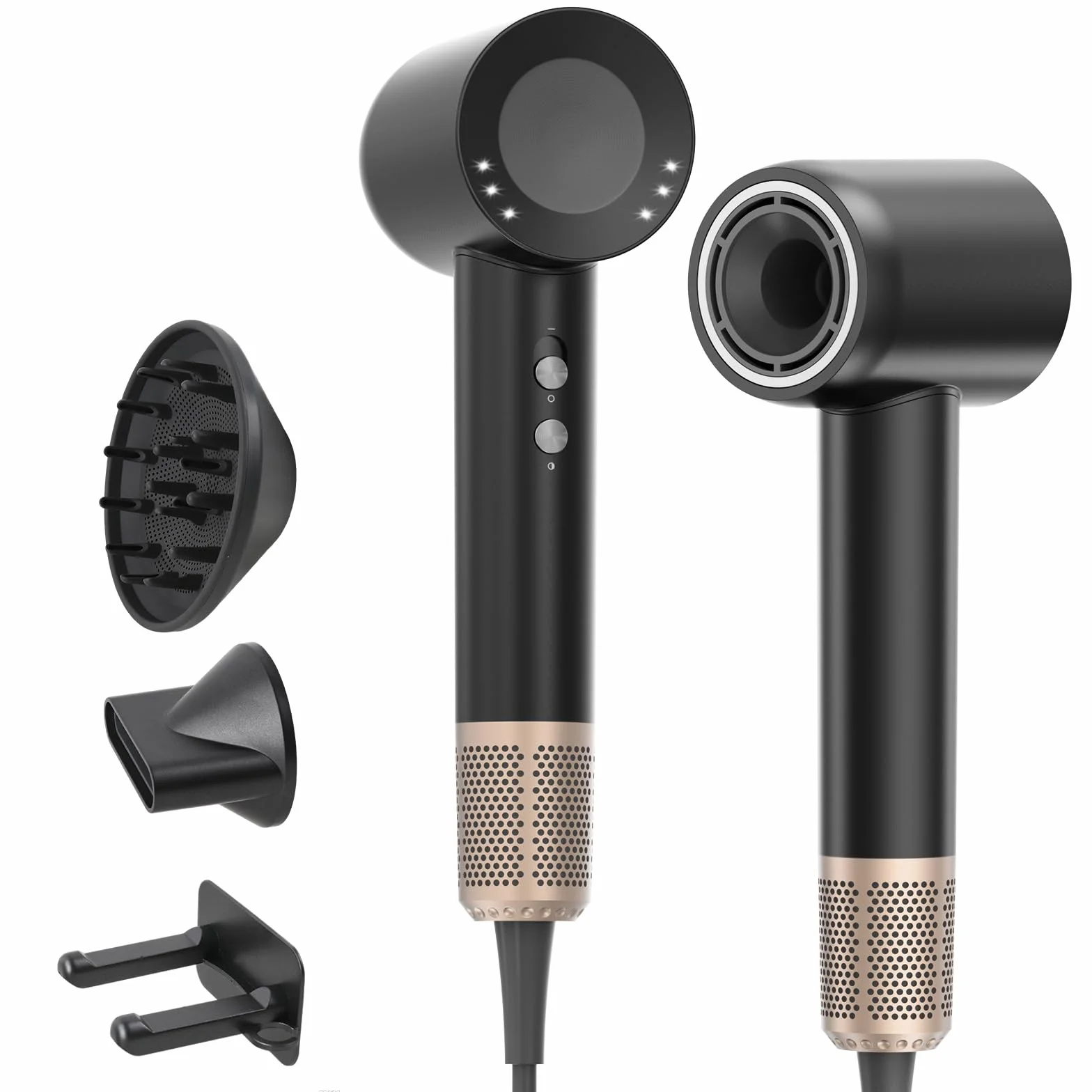 Sèche-Cheveux Ionique Professionnel avec Diffuseur, Noir | 160 000 tr/min, flux d’air 65 m/s, 300 millions d’ions négatifs, 3 températures, 2 vitesses, environ 59 dB