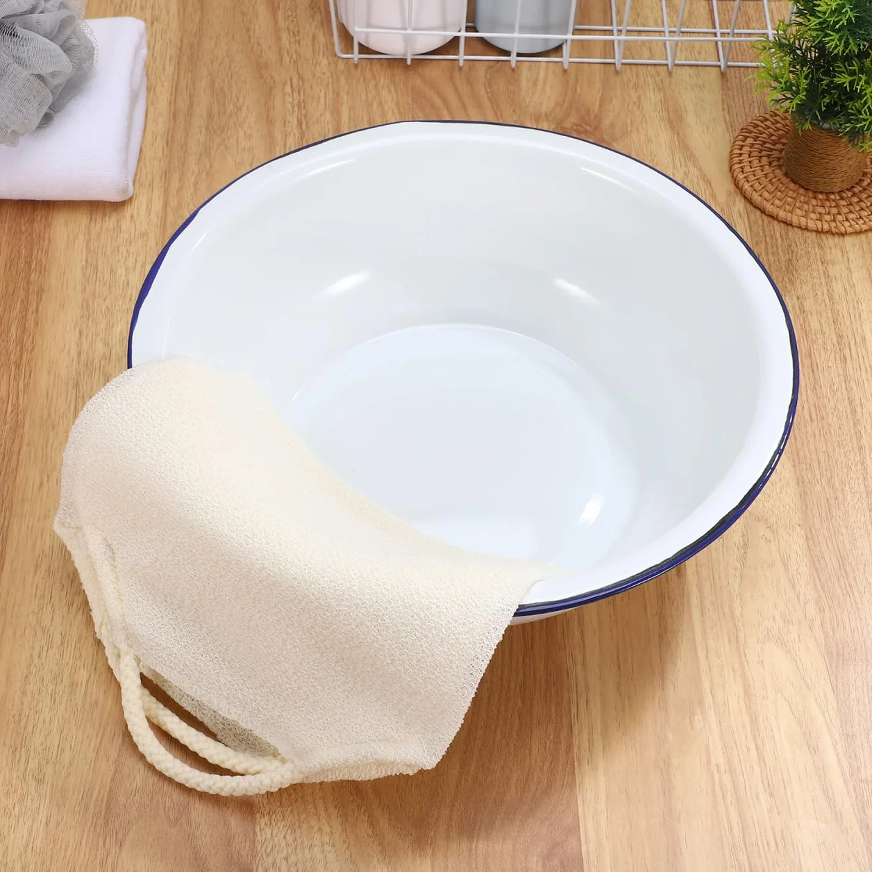 Healaved Bassin Pied Émail Vintage 30cm Pour Bain De Pied Spa Maison | Lavabo Pieds Multifonction, Design Rétro Avec Bord Bleu, Bassin Résistant Pour Trempage Pieds, Pédicure Et Soin Relaxant