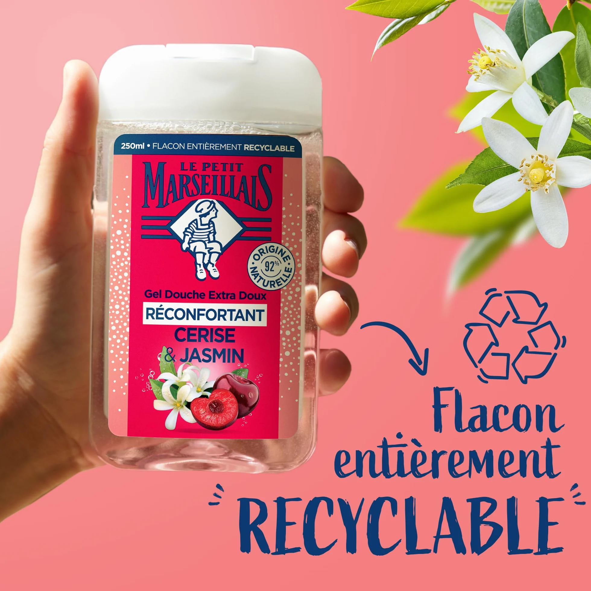 Le Petit Marseillais Gel Douche Extra Doux Réconfortant Cerise & Jasmin 250 ml – 92% Ingrédients Naturels pH Neutre