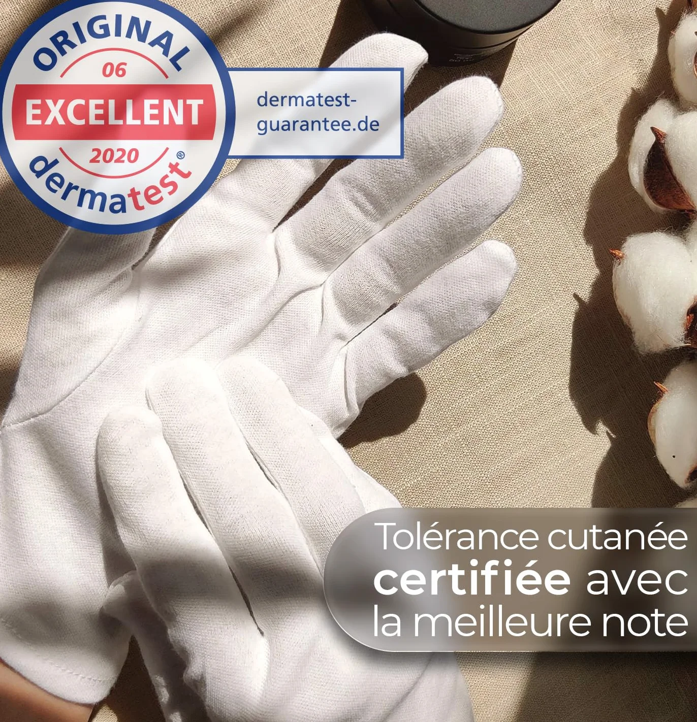 Gants coton blanc respirant pour peau sèche et sensible, dermatologique avec coutures renforcées, confortable jour et nuit - soins des mains