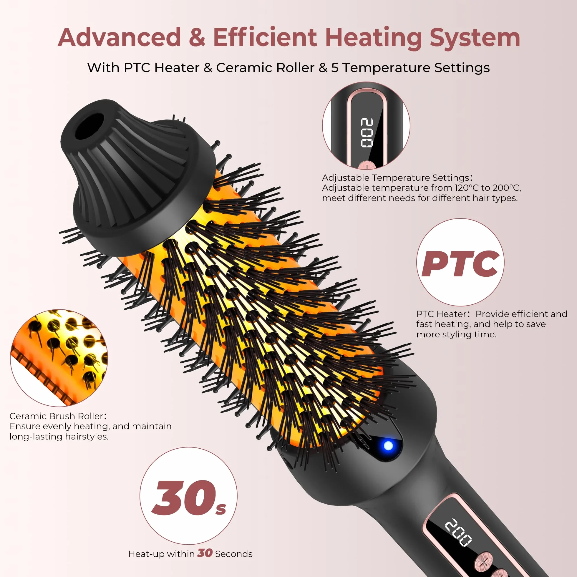 UKLISS Ionique Brosse Chauffante Coiffante Thermal Brush Écran LCD Double PTC Fer à Friser Peigne Chauffant Brosse Lissante pour Cheveux Boucleur Cheveux Lisseur Cheveux, 120-200℃, 38MM