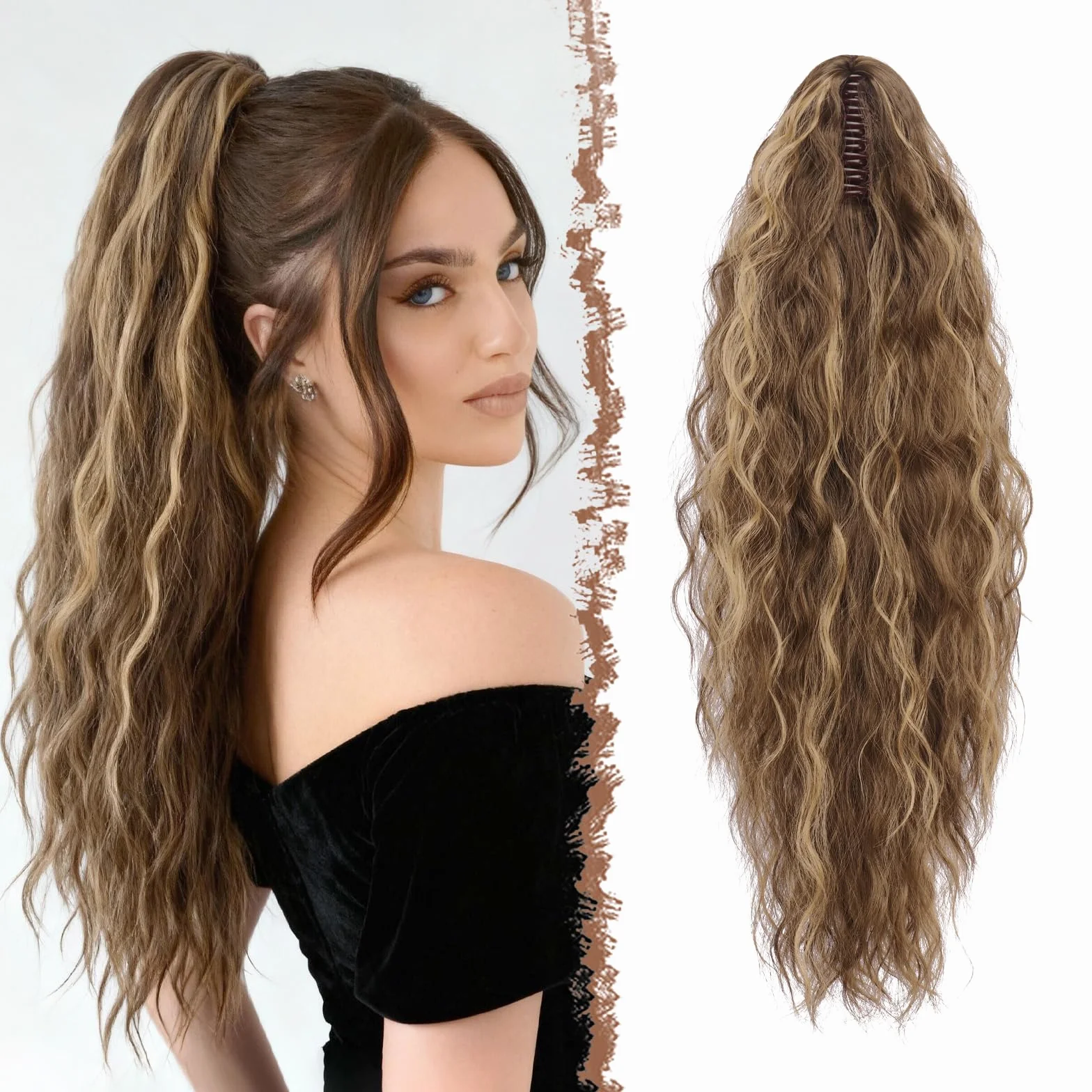 FESHFEN Ponytail Cheveux Naturel Pince Ponytails Extensions Longue Bouclée Ondulée Postiche Queue de Cheval Extension Blond Miel Mélangé Brun Clair Synthétique Rajout Cheveux pour Femmes 75 cm