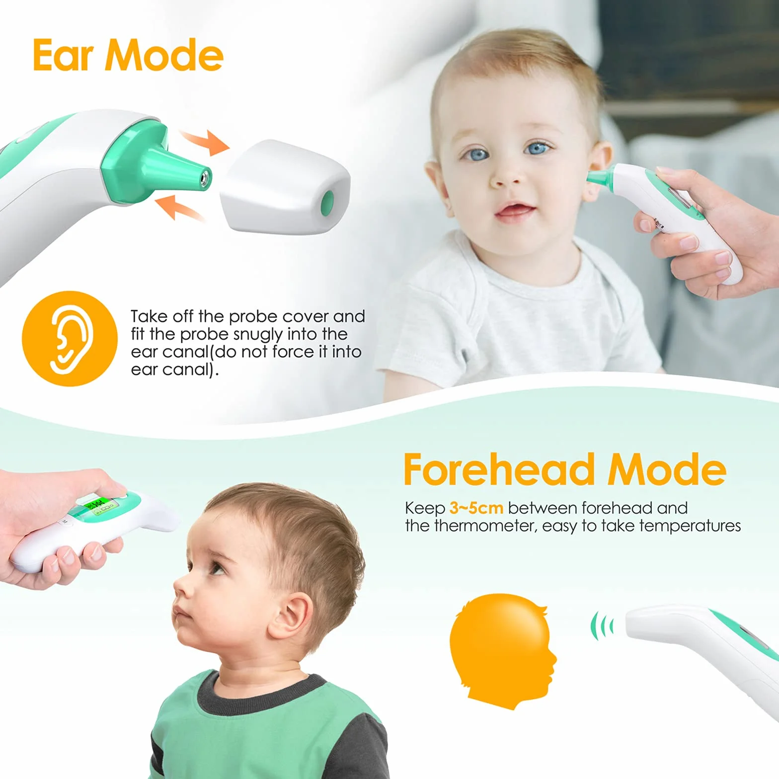 Thermomètre Frontal et Auriculaire Médical sans Contact pour Bébé Enfant Adulte avec Alarme de Fièvre et Écran LCD