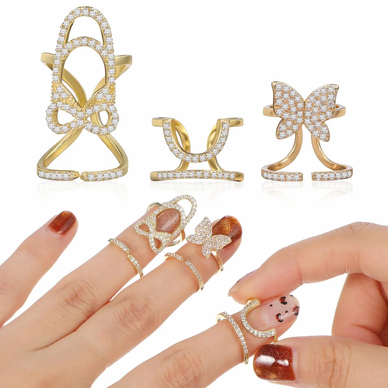 Bagues À Ongles Zircon Strass Nail Art Bijoux Décoration Pour Femmes 3 Pièces