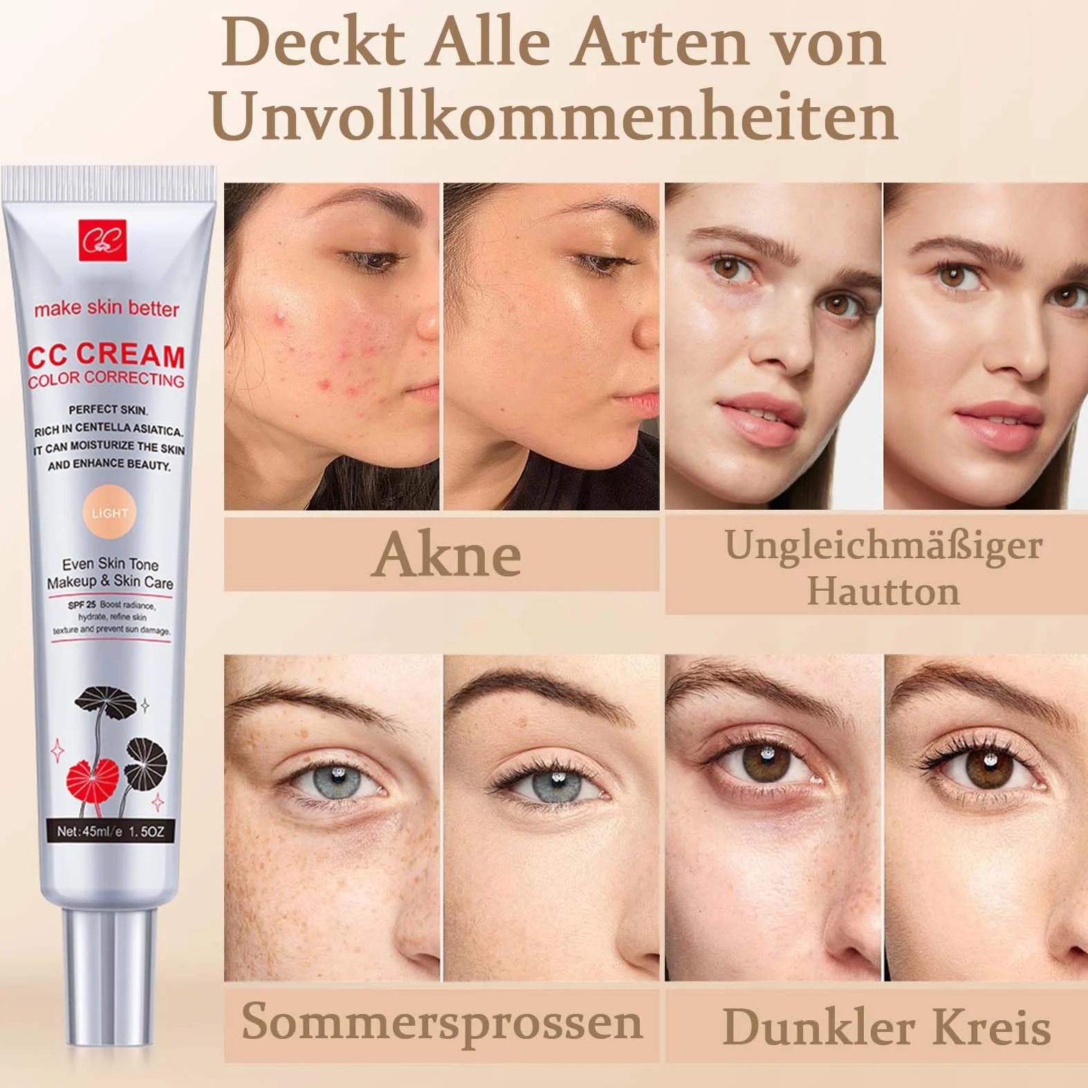 CC Cream avec Centella Asiatica SPF 25 - Fondation de maquillage anti-cernes couvrance complète