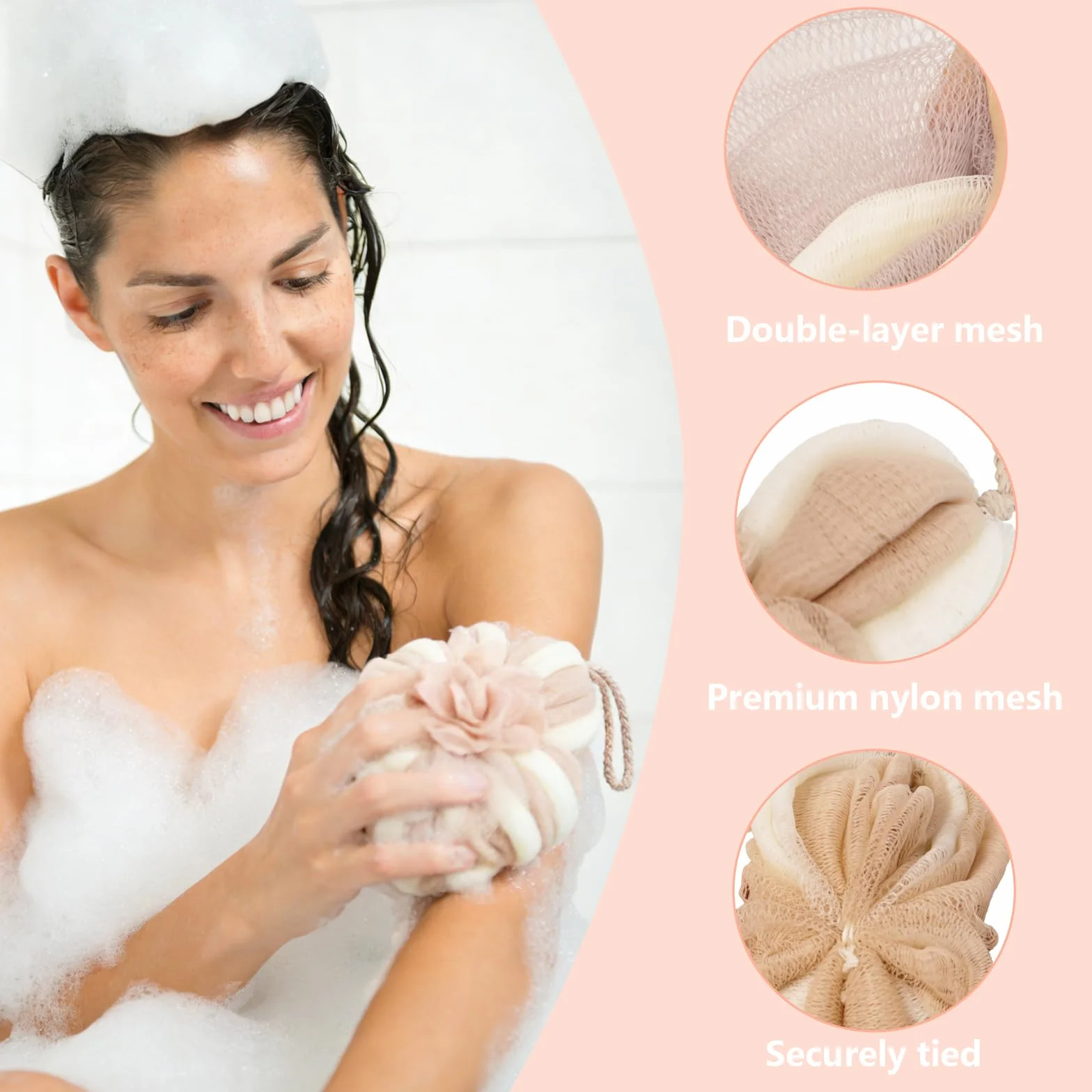 Fleur de Douche Extensible Eponges Salle de Bain Exfoliantes Gommage Corps Filet de Douche 3 Pièces