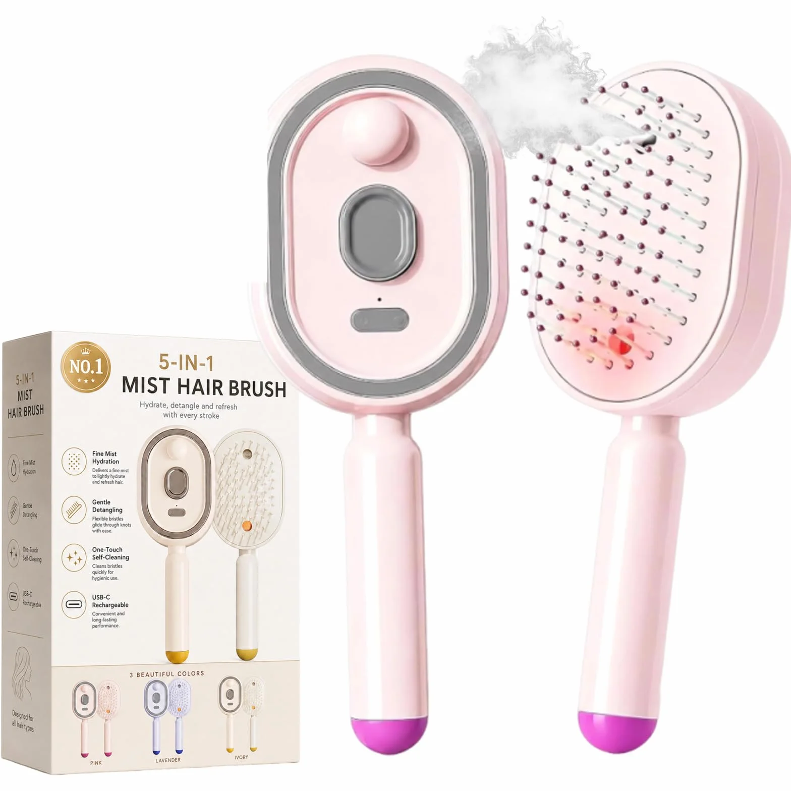 Peigne De Massage Electrique a Spray, Brosse Vapeur Cheveux 5 en 1 avec Brume Fine, Mode Lumière Rouge, Nettoyage Rétractable, Anti-Nœuds et Antistatique pour Cheveux Frisottés (Rose)