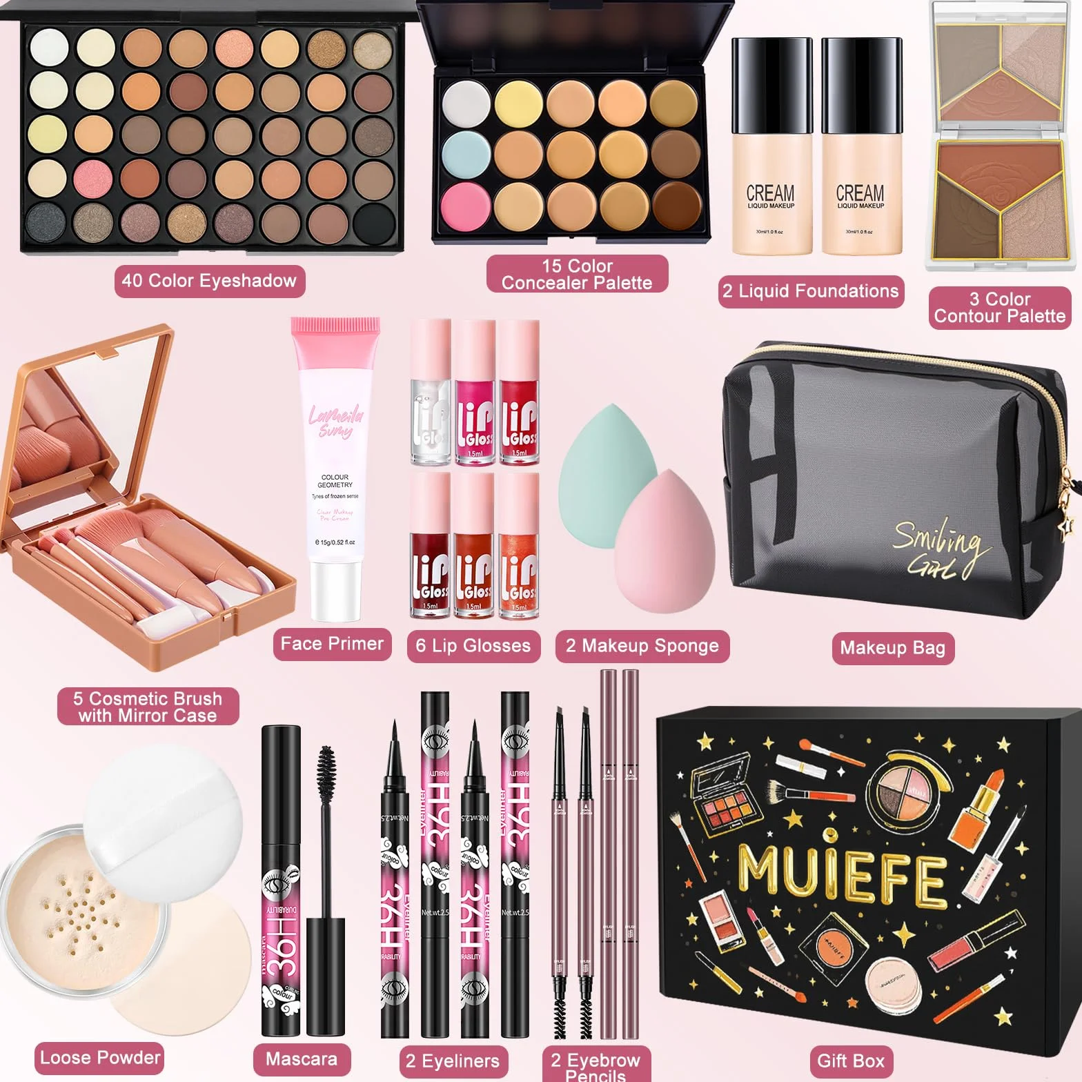 Coffret Maquillage avec Palette Yeux Correcteurs Fond de Teint Mascara