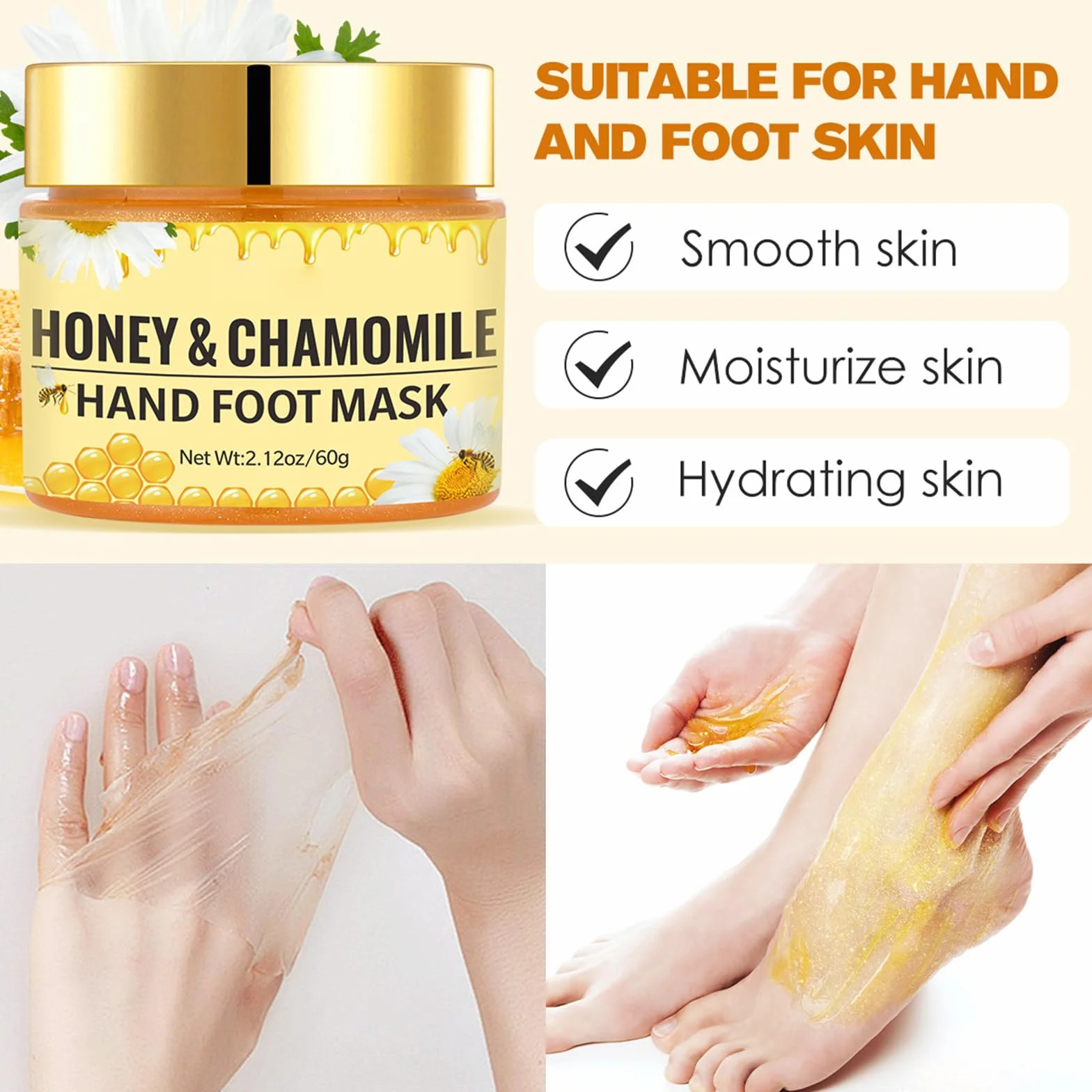 Masque mains et pieds miel camomille soin hydratant exfoliant durable