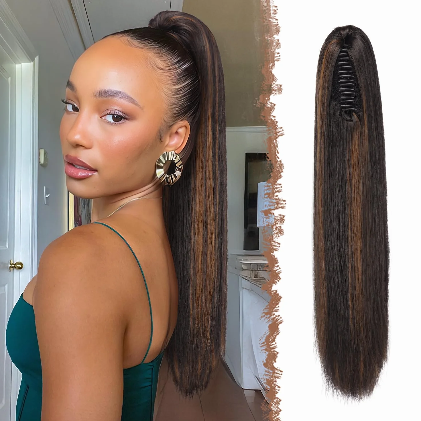 FESHFEN Queue de Cheval Lisse Pince - Postiche Cheveux Naturel Longue Raides Postiches Brun Foncé et Auburn Clair Synthétique Fausse Claw Clip Ponytail Extensions pour Femmes, 63 cm