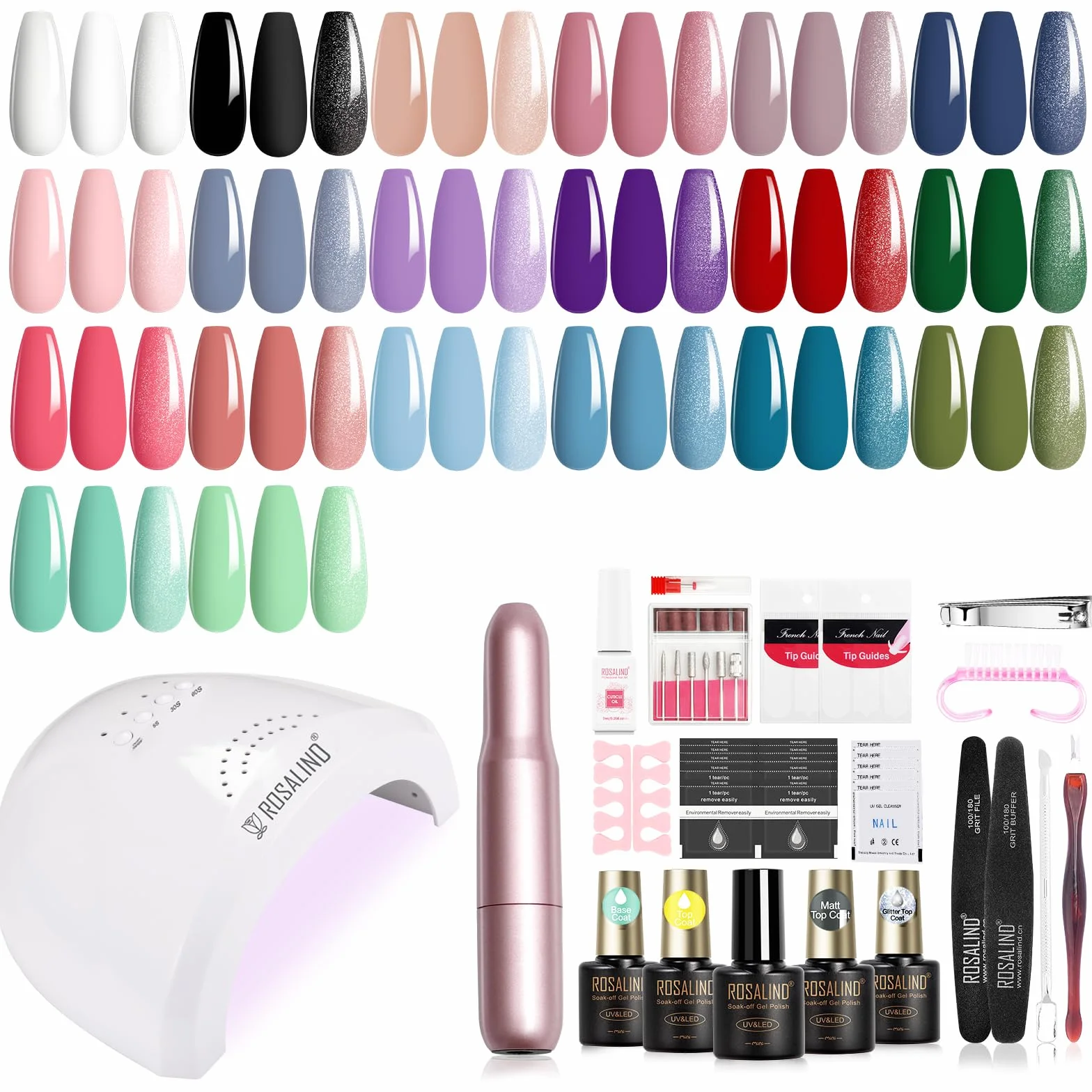 Kit Vernis Semi Permanent ROSALIND 20+4 PCS UV/LED Lampe 48W Ponceuse Électrique Ongle Gel Complet