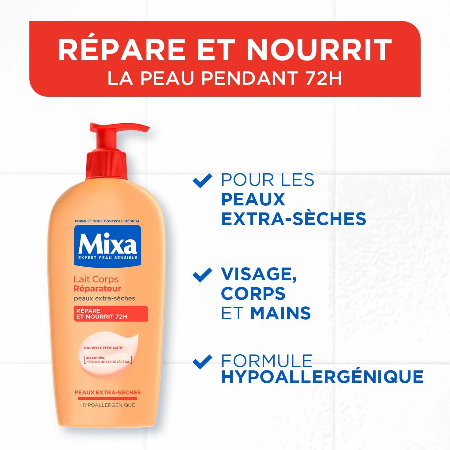 MIXA Lait Corps Réparateur Nutrition Intense 72H Anti-Dessèchement Allantoïne Huiles Karité Abricot Peaux Abîmées Extra-Sèches 400ml