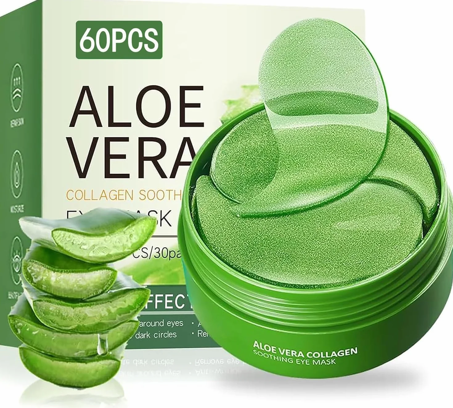 Masque pour les yeux à l'aloe vera 60 pièces, patch anti-cernes et poches, raffermit la peau