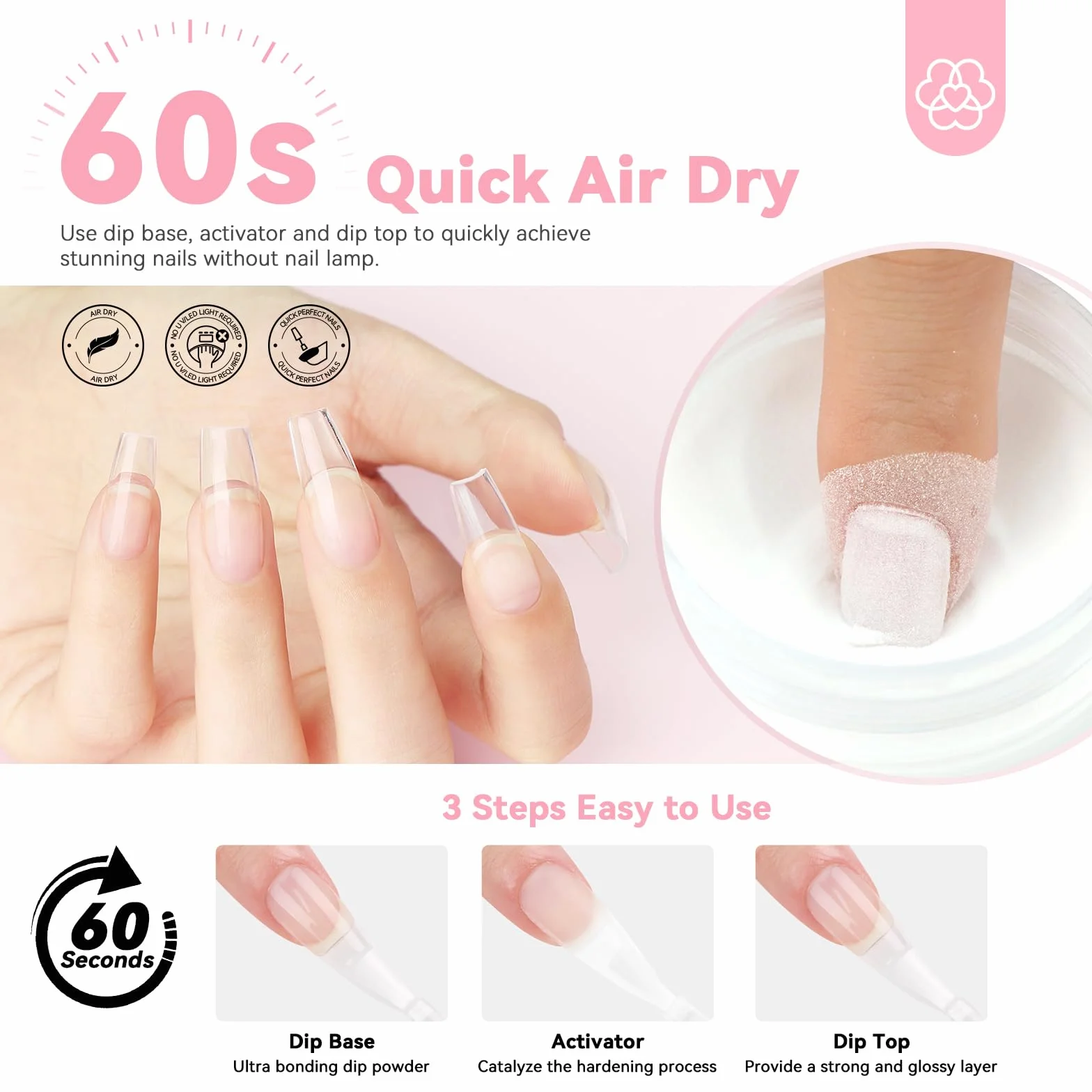 Saviland Kit Complet de Dipping Powder 60g Poudre Claire avec Liquide pour Trempage Manucure Ongles