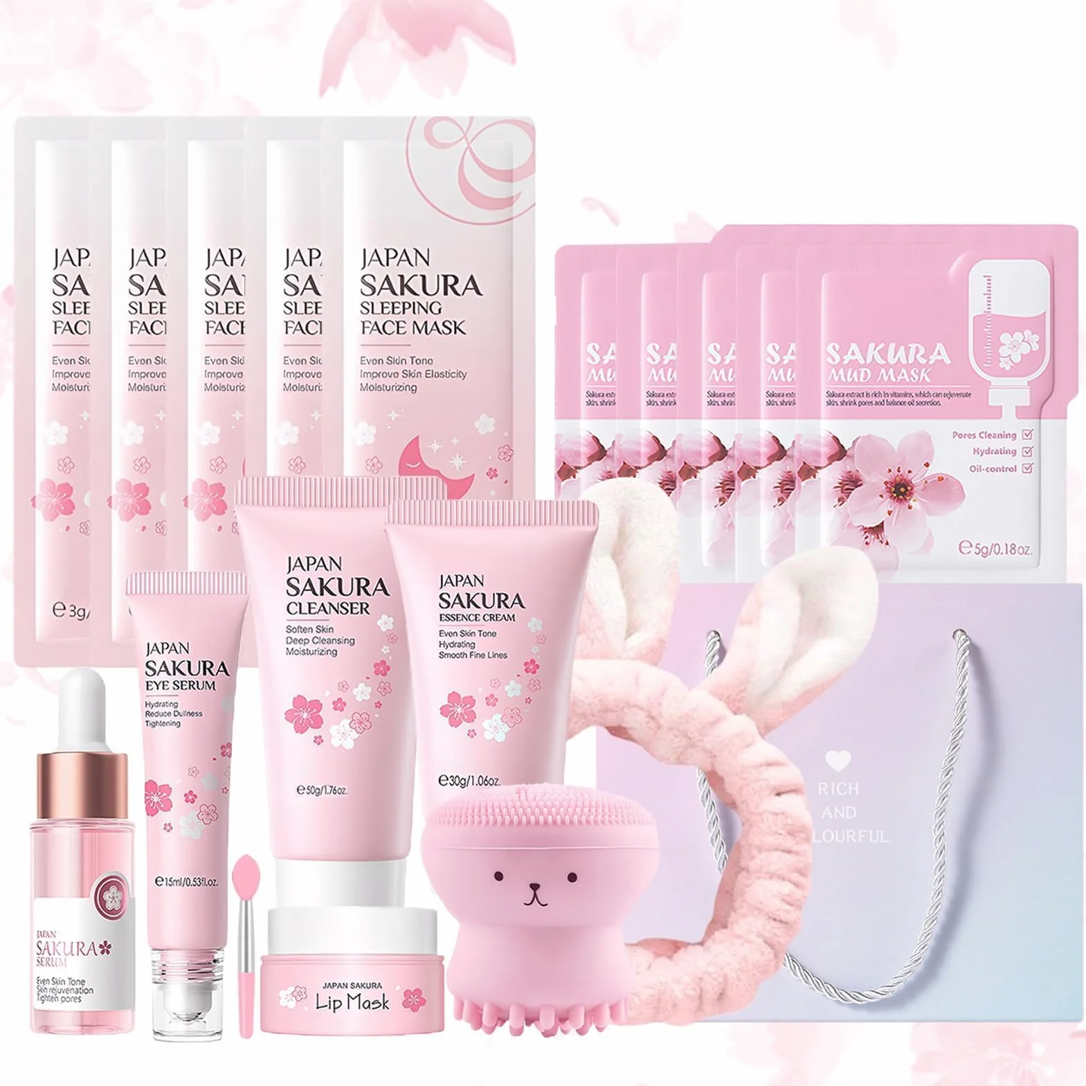 Sakura Ensemble de Soins de la Peau 18 Pièces, Kit Hydratant avec Nettoyant, Crème, Sérum