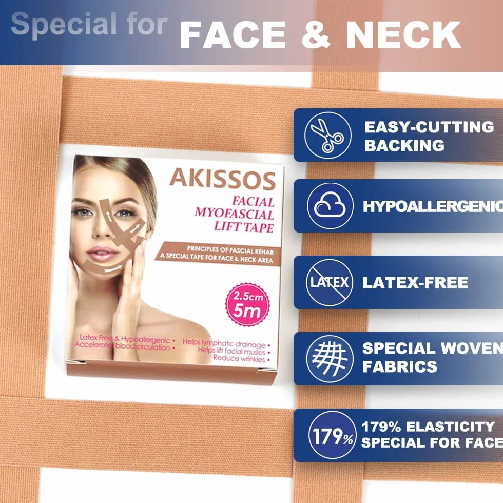 Akissos Face Tape Bande de Kinesiologie Visage Lift Anti Wrinkle Patches Neck Tape 2.5cm*5m