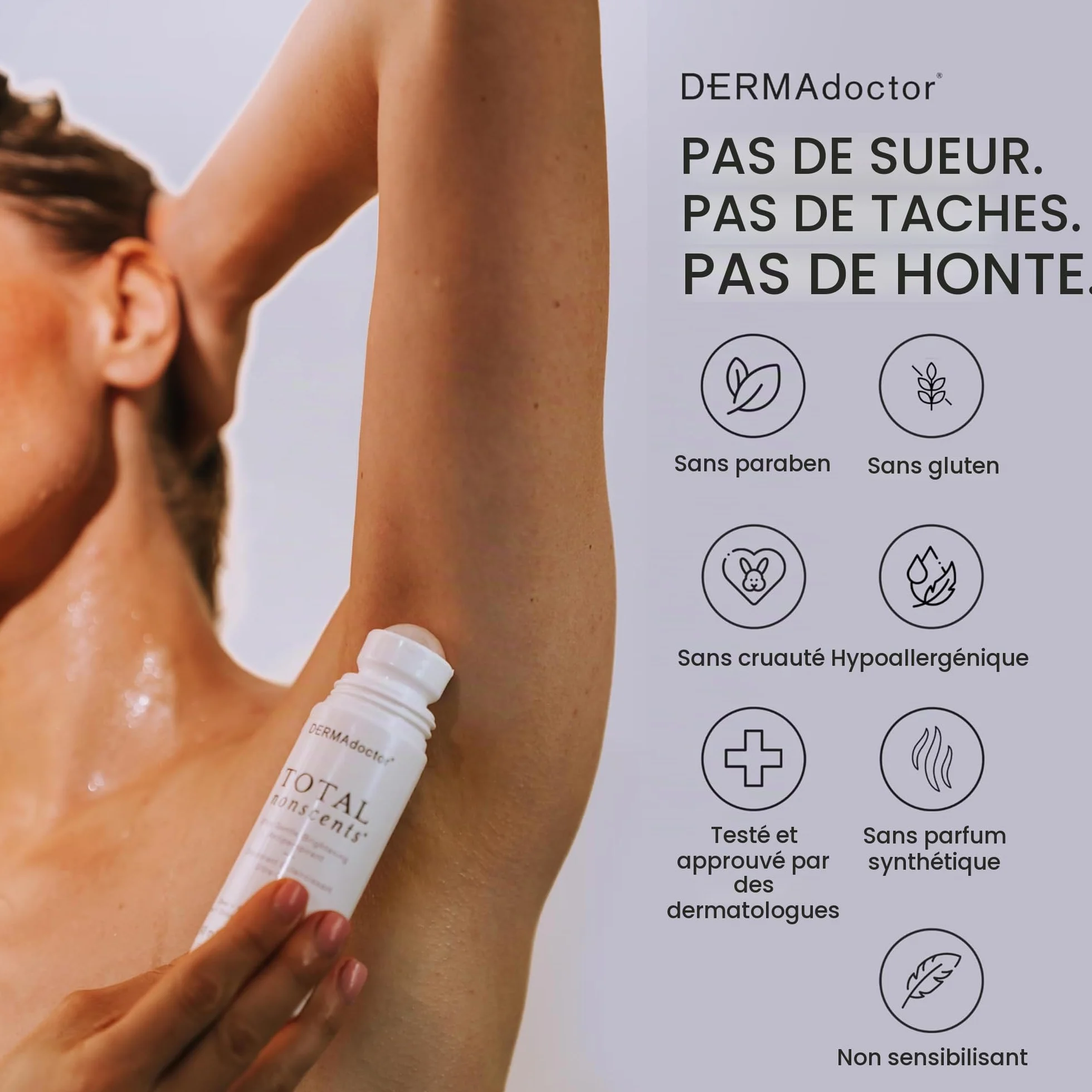 DERMAdoctor Déodorant Femme et Homme Total NonScents – Deodorant Anti Transpirant Femme Ultra-Doux Peaux Sensibles, Éclaircissant Teint Aisselles, Sans Parfum, Hypoallergénique Roll-On 90 ml