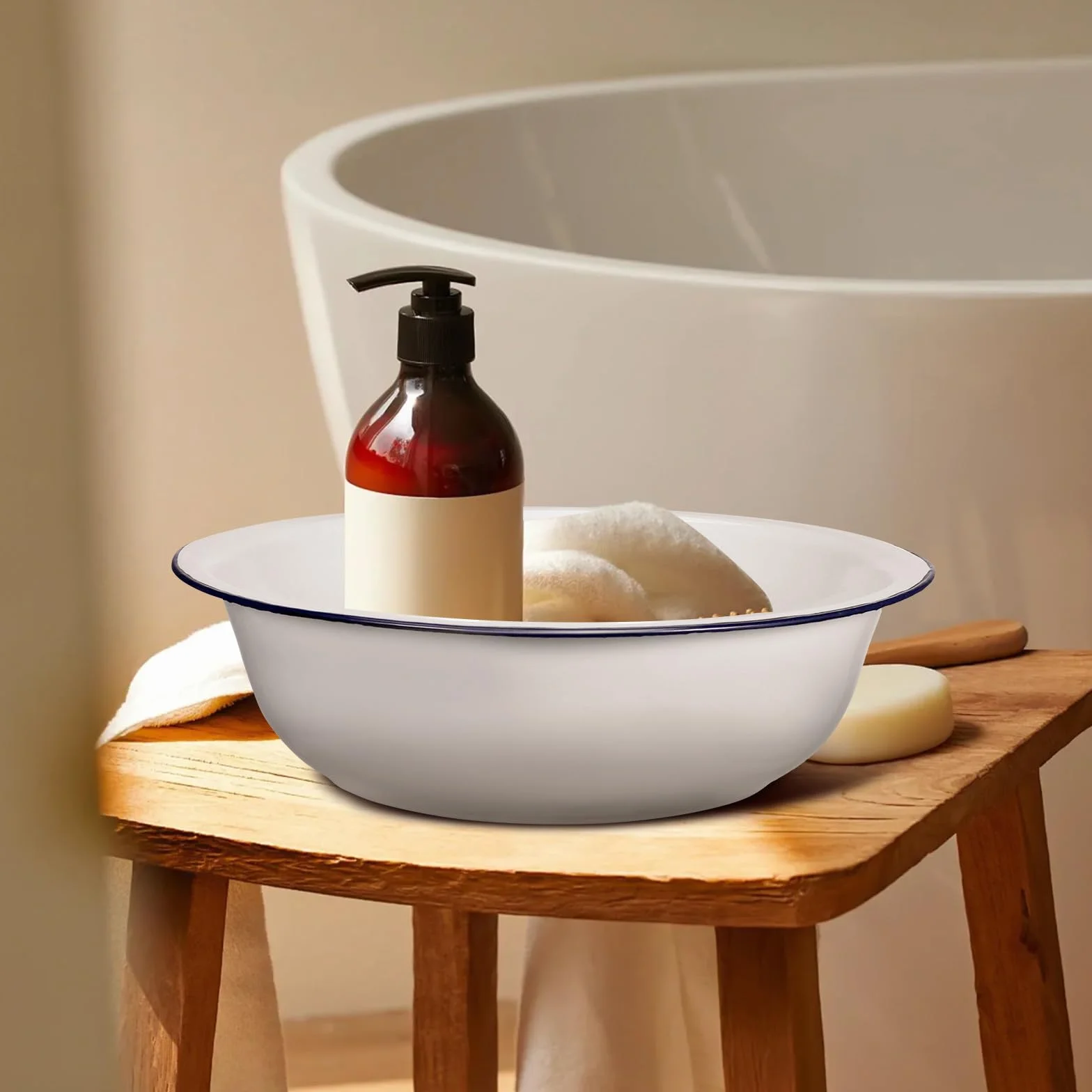 Bain de Pieds en Émail Rétro 30 Cm Bassin de Trempage Blanc Bord Bleu Multifonction pour Bain Pédicure et Lavage du Visage Pieds Solide et Facile à Nettoyer