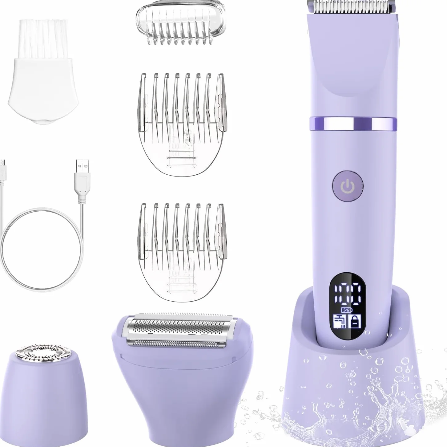 Rasoir Electrique Feminin Tondeuse précise visage zones sensibles, Sans fil, Étanche, Écran LCD, Violet, 3 en 1
