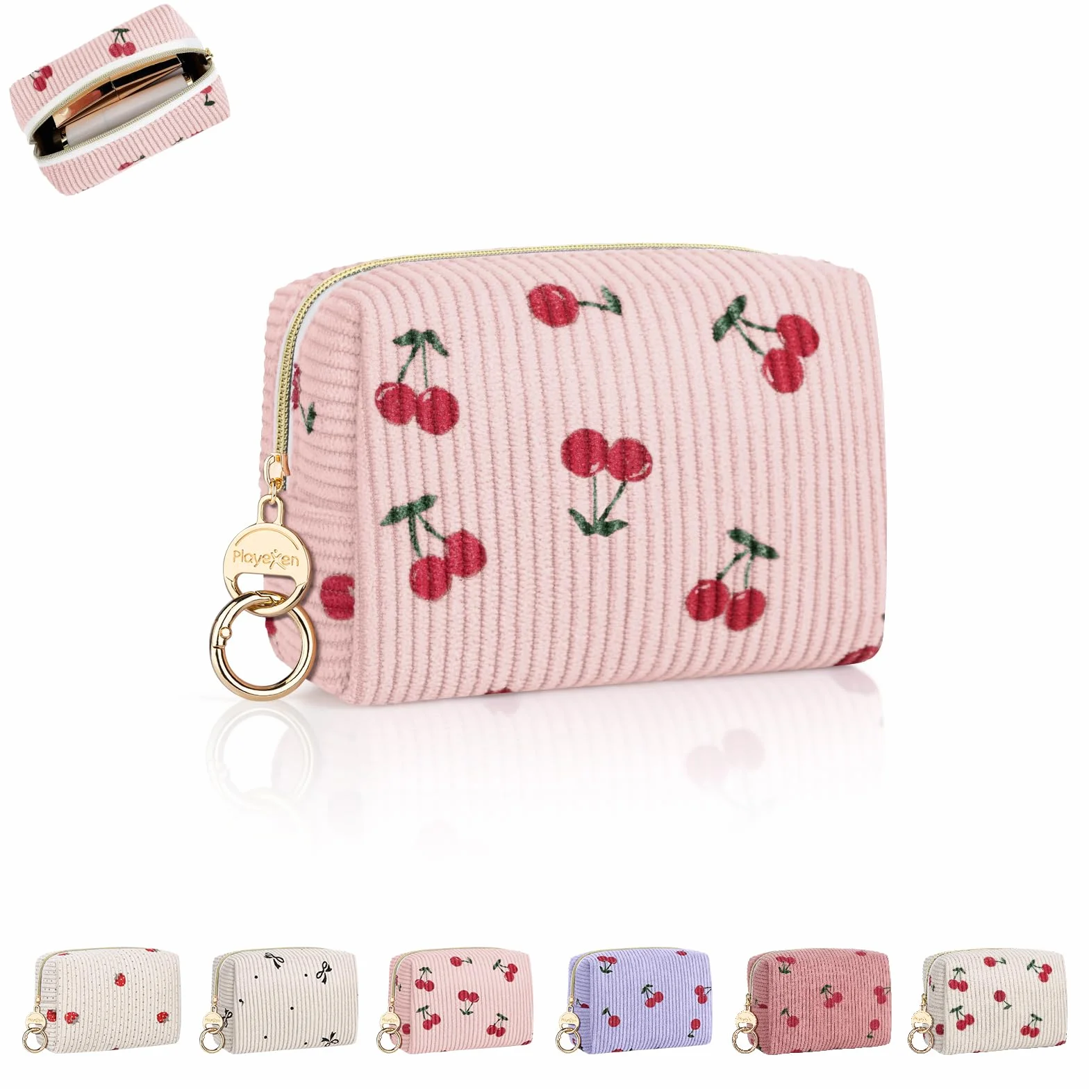 Pochette Maquillage Velours Côtelé Trousse de Rangement Femme Cosmétique 11x5,5x8,5cm Cerise-Rose