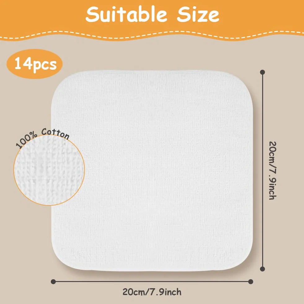 Aomig Lot de 14 lingettes lavables en coton éponge 20x20 cm, lingettes démaquillantes pour bébé - Blanc