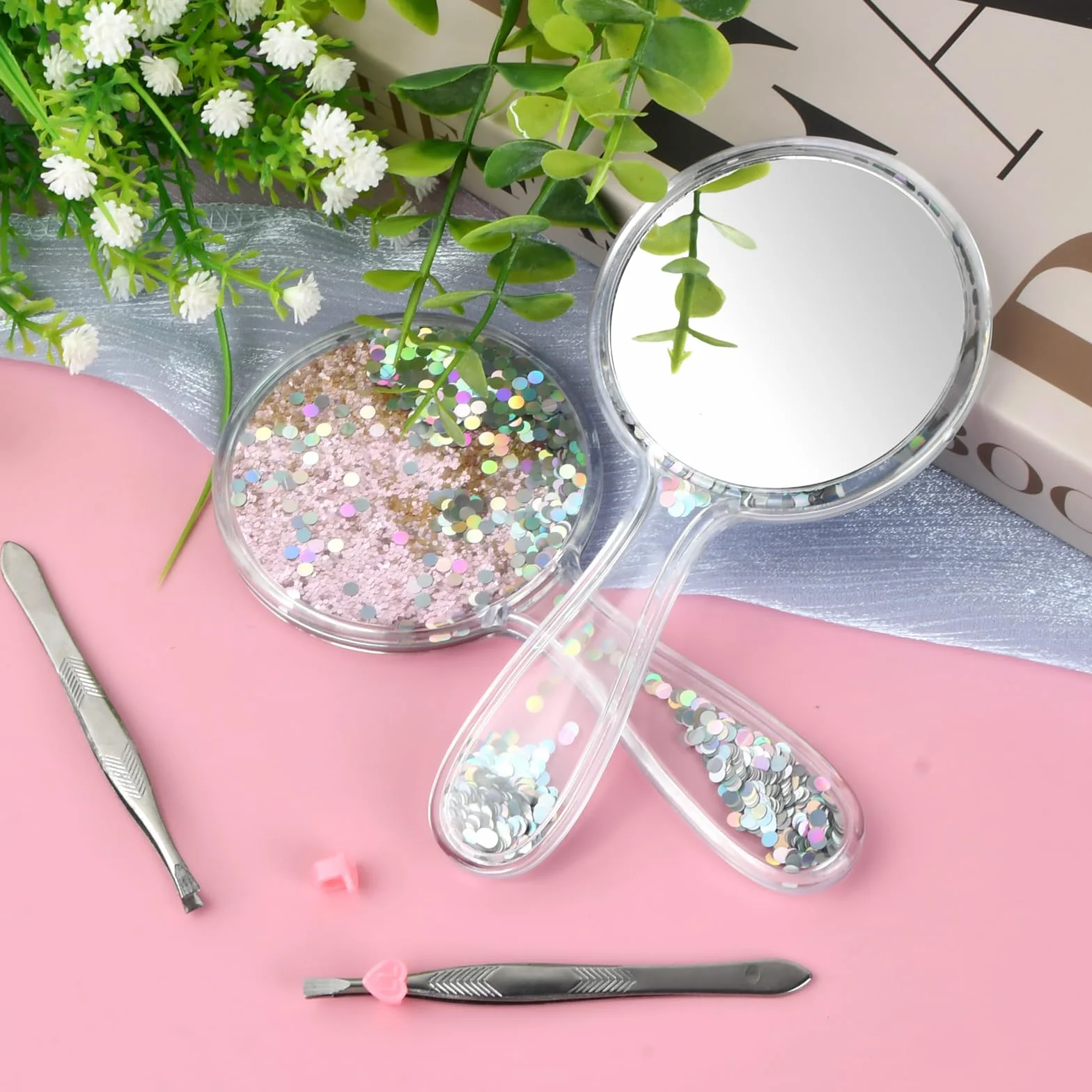 Miroir à Main Professionnel Portable Rond avec Poignée pour Maquillage Voyage