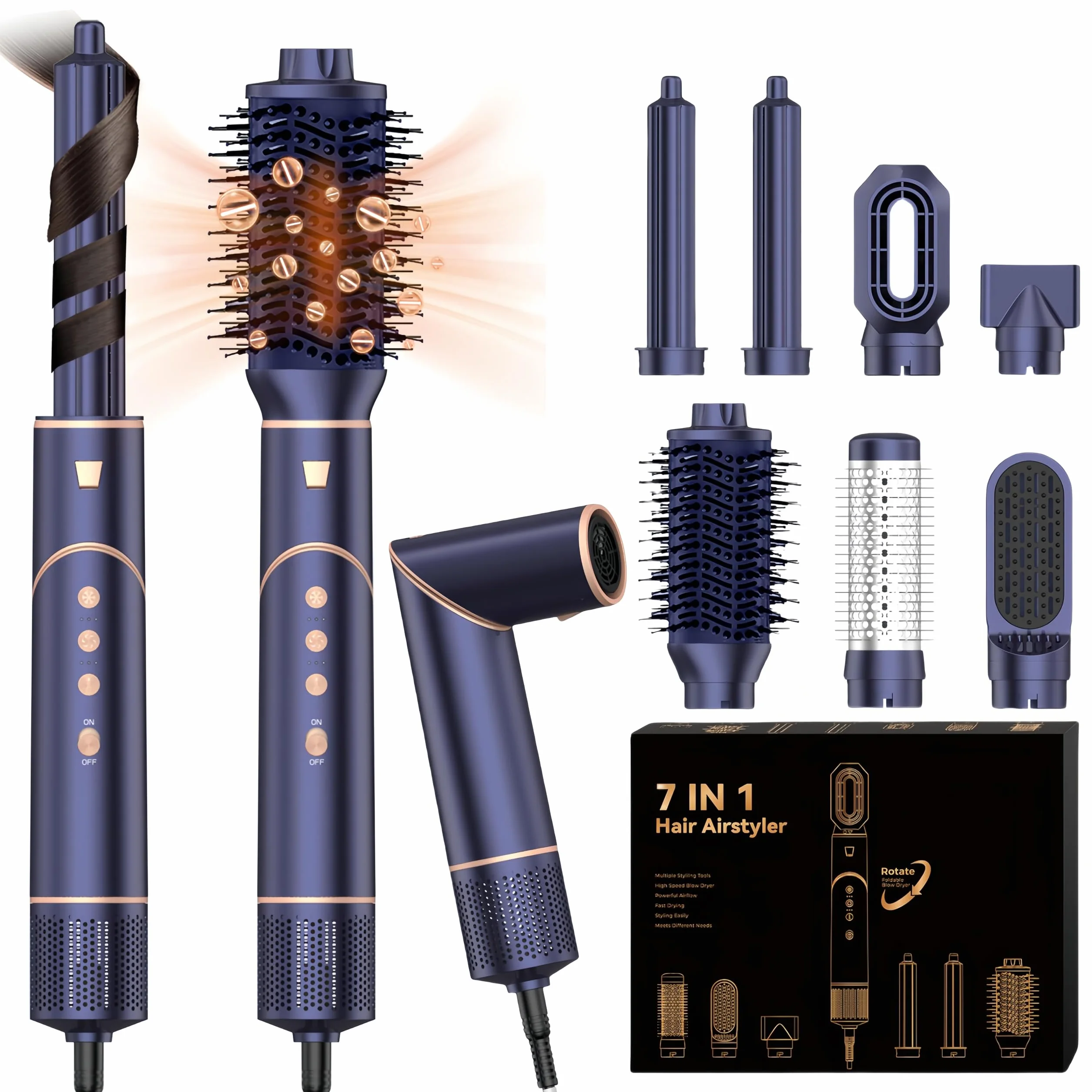 Pro Air Brush Styler 7 en 1 Brosse Soufflante Sèche Cheveux Haute Vitesse Ionique 110000 tr/min Bleu